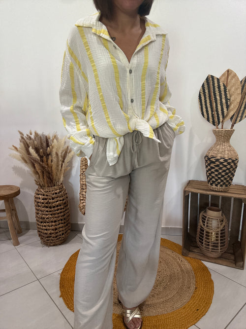 Chemise blanche en gaz de coton rayures jaunes