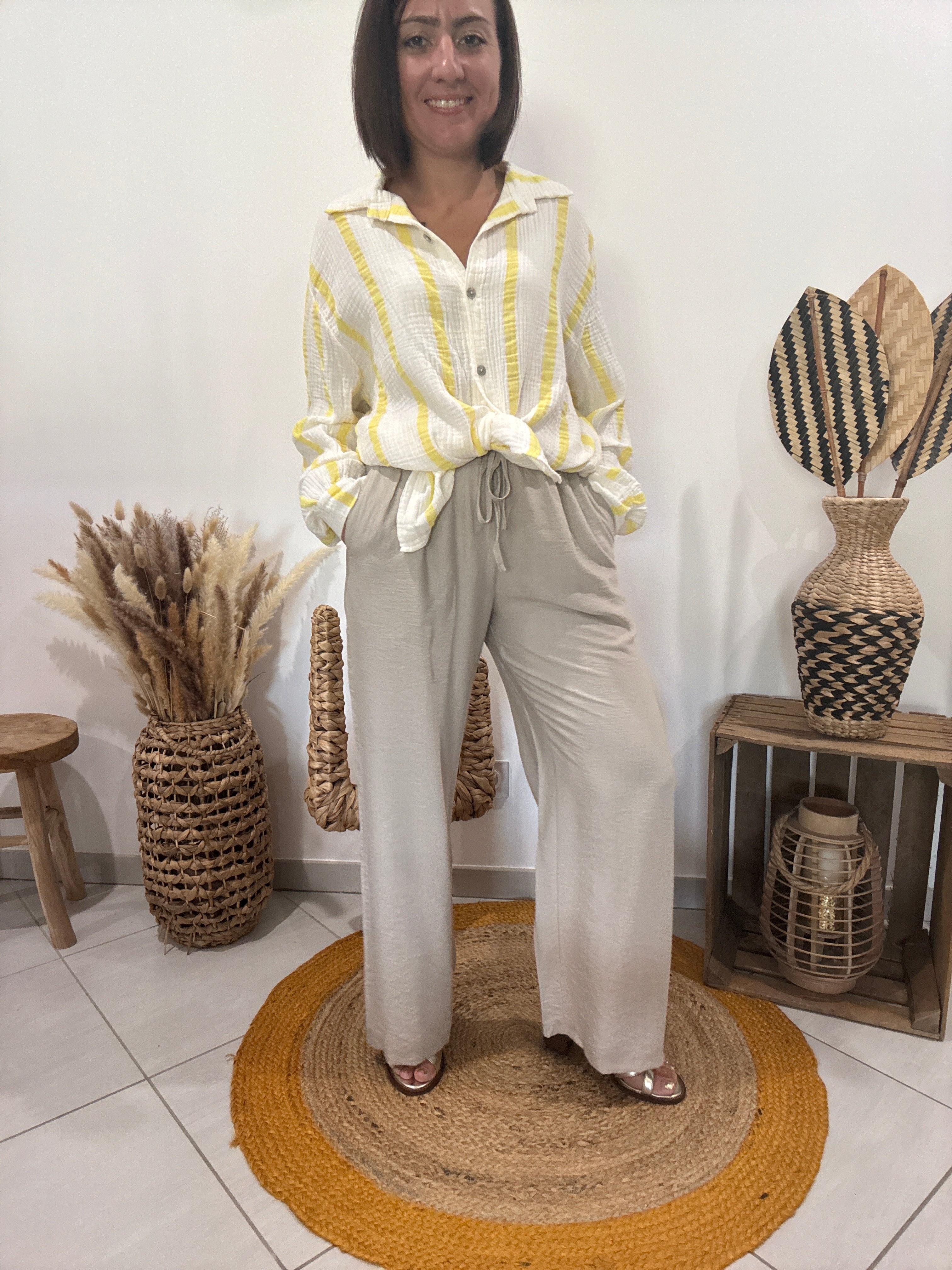 Chemise blanche en gaz de coton rayures jaunes