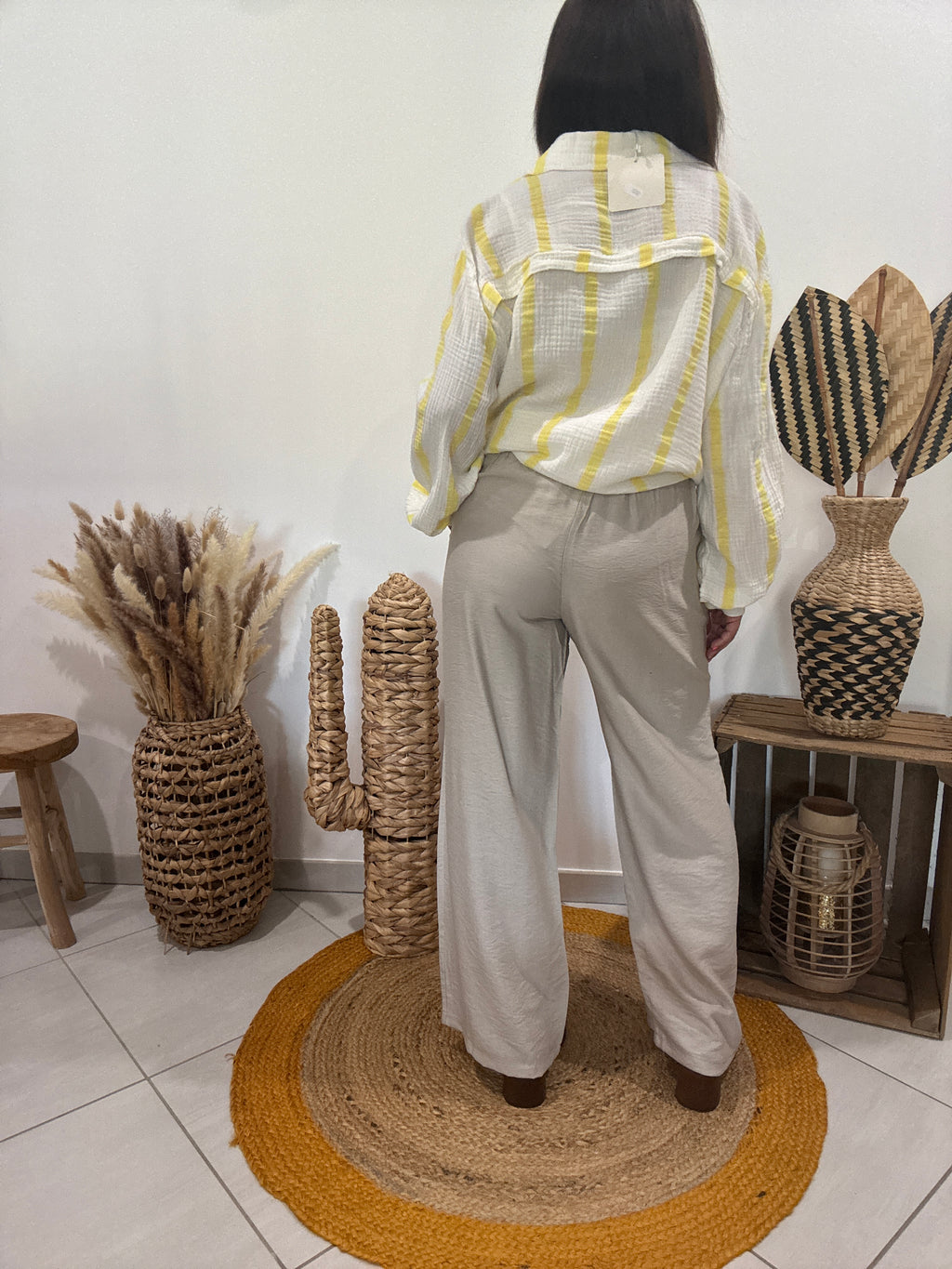 Chemise blanche en gaz de coton rayures jaunes