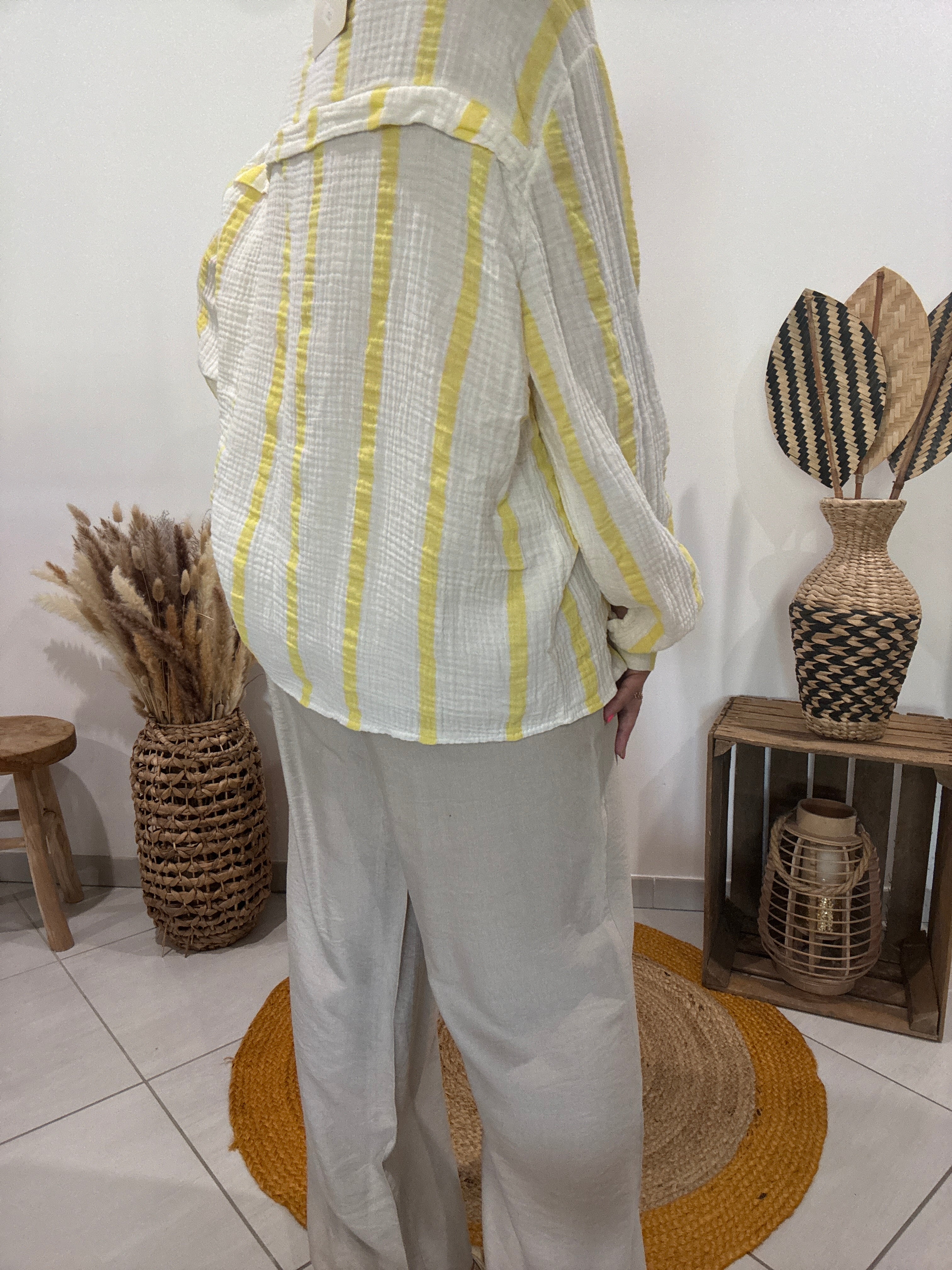 Chemise blanche en gaz de coton rayures jaunes