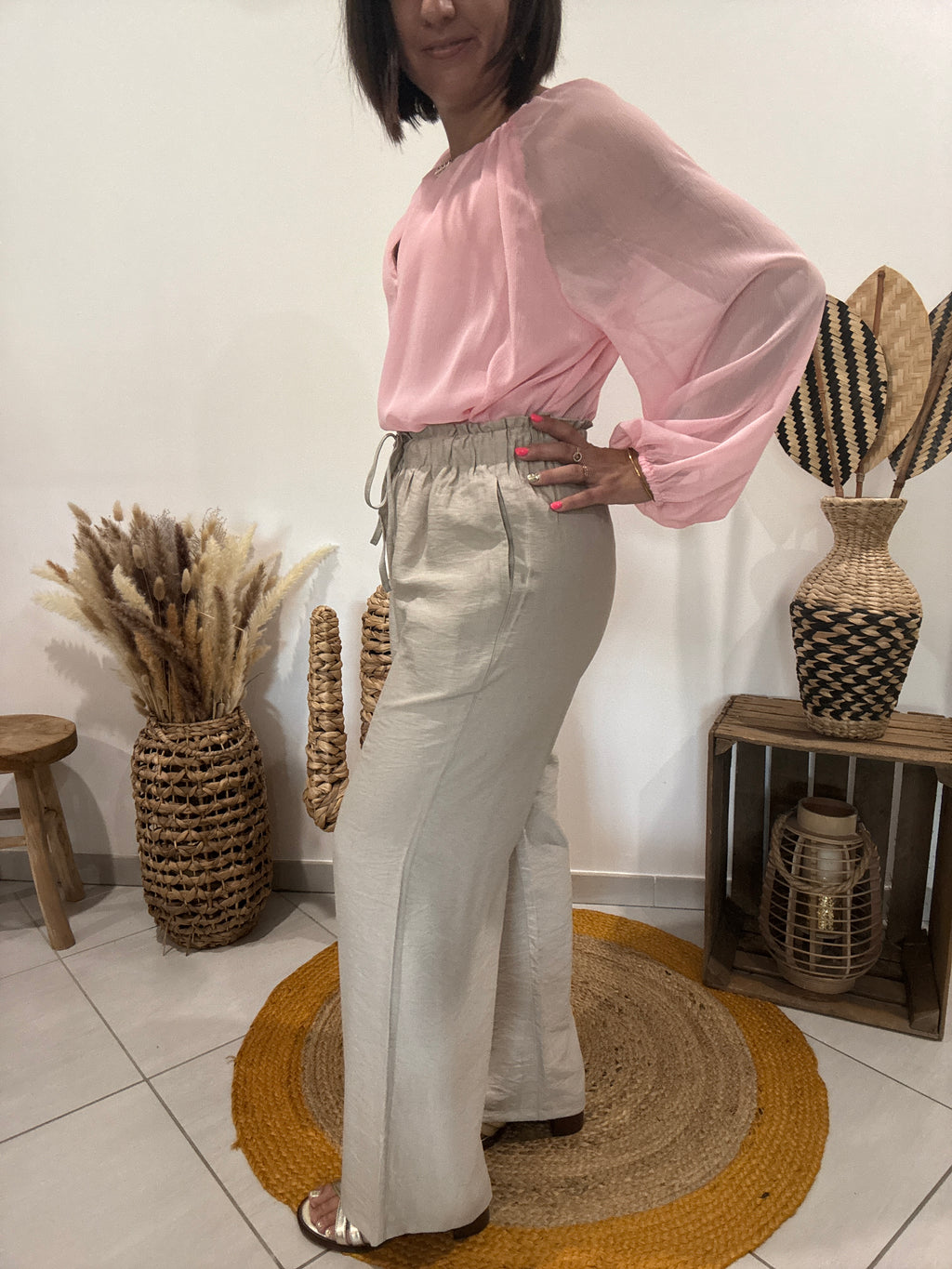 Pantalon fluide large uni beige