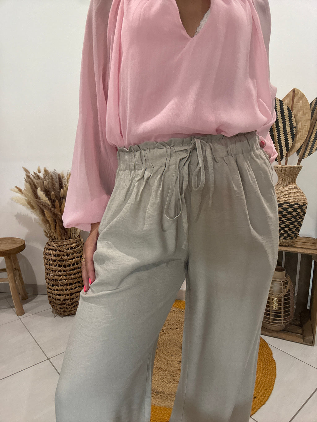 Pantalon fluide large uni beige