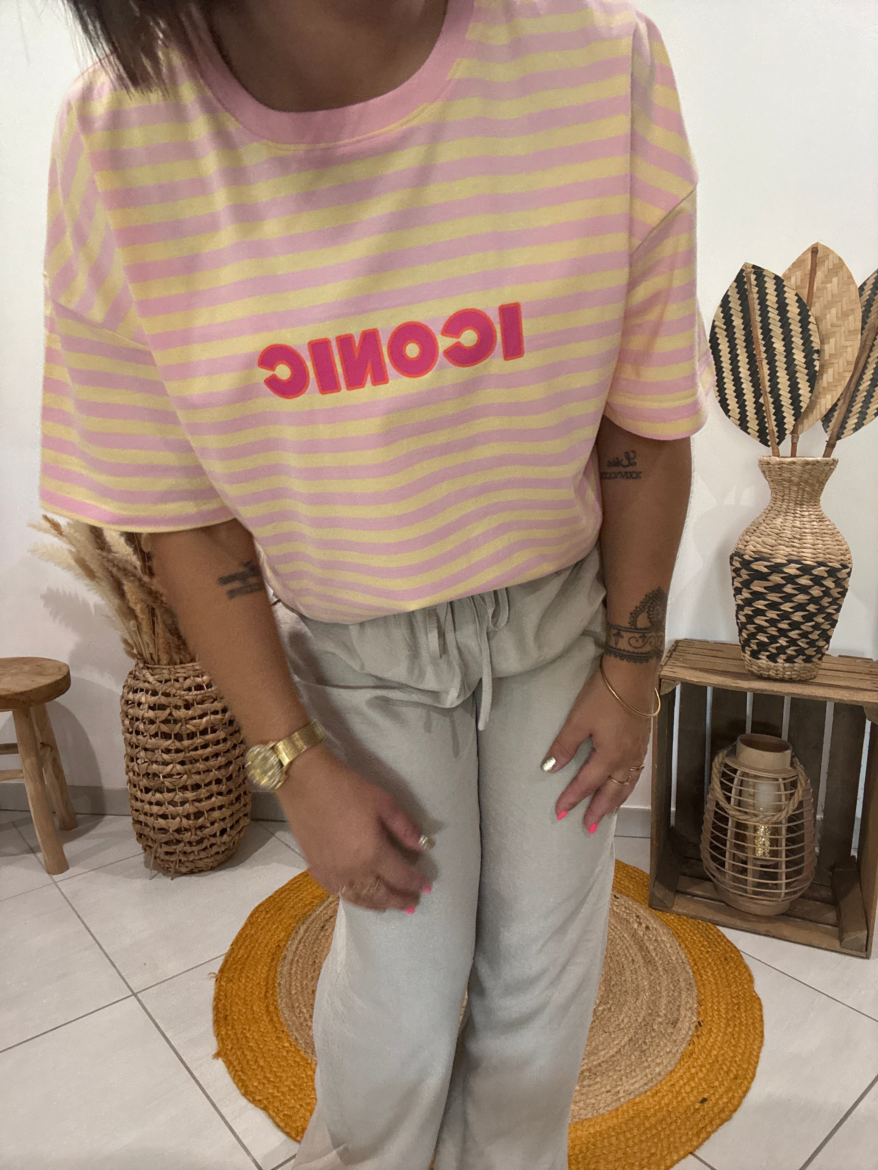 T-shirt rayé Iconic jaune/rose - femme