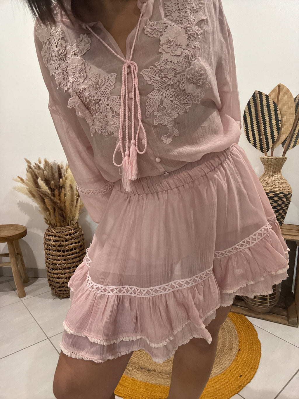 Ensemble broderie bohème rose