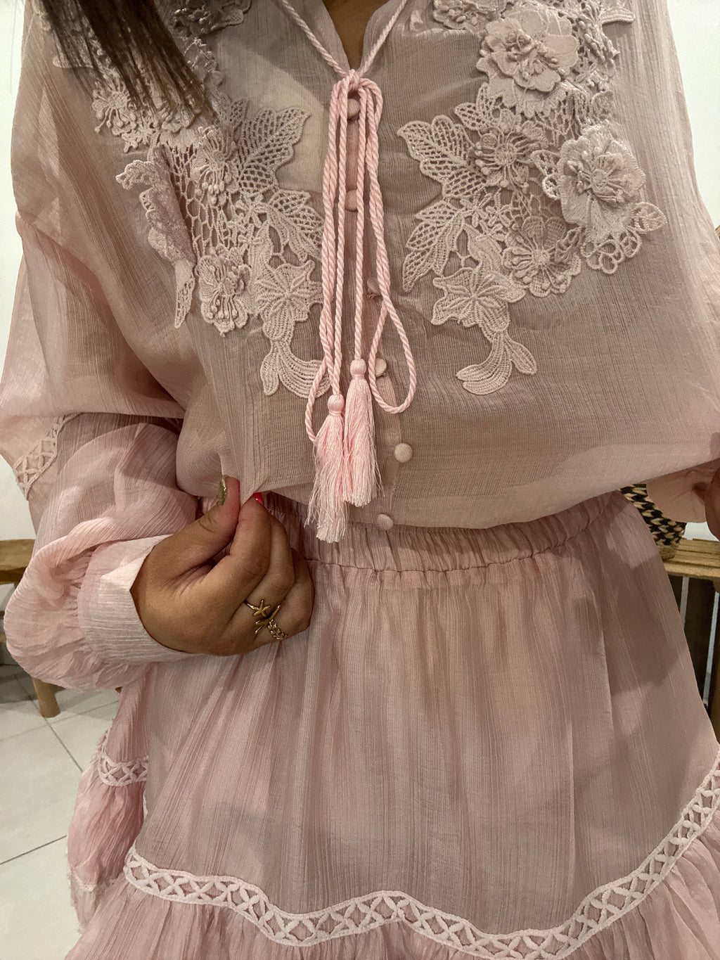 Ensemble broderie bohème rose