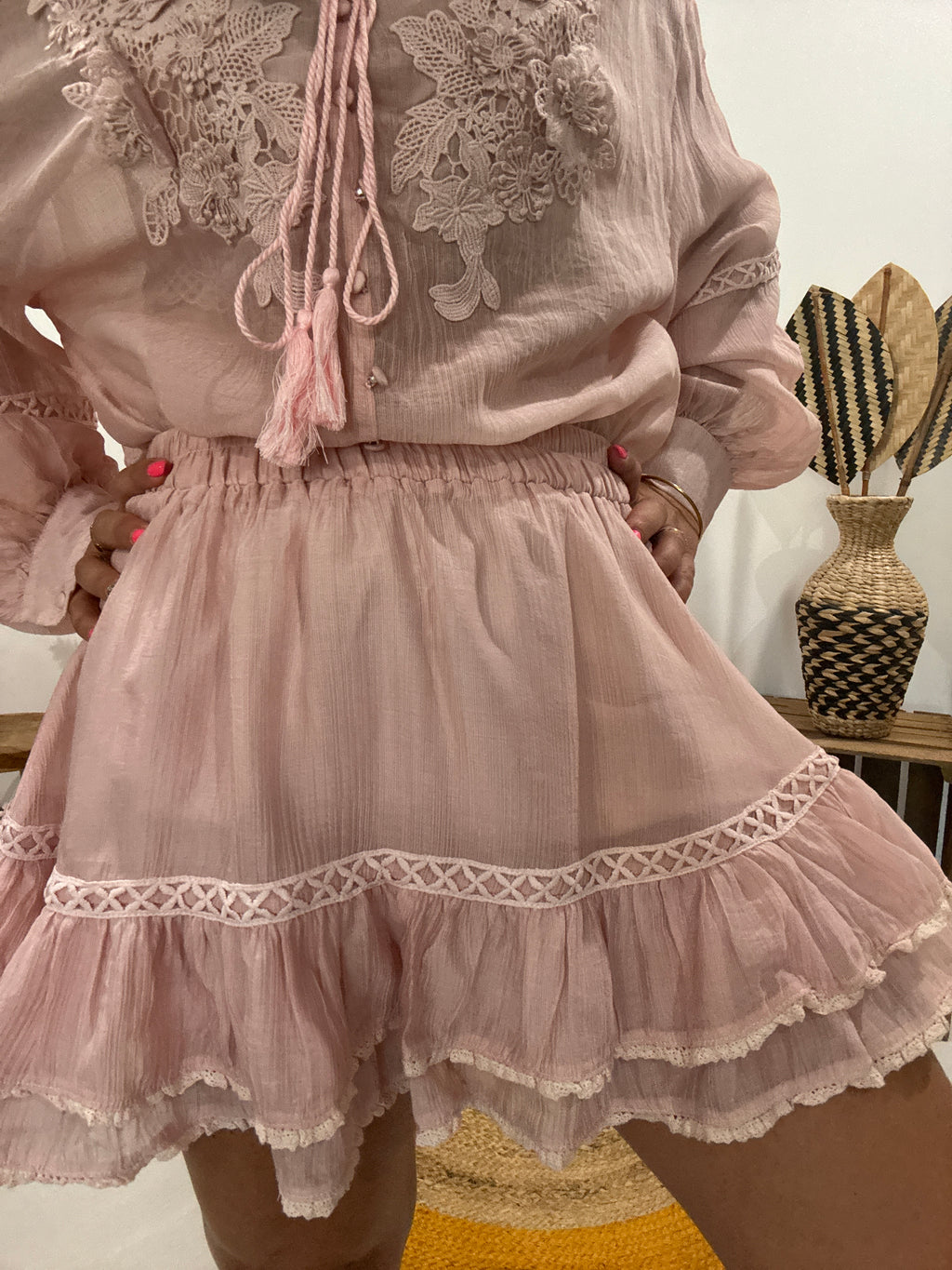 Ensemble broderie bohème rose