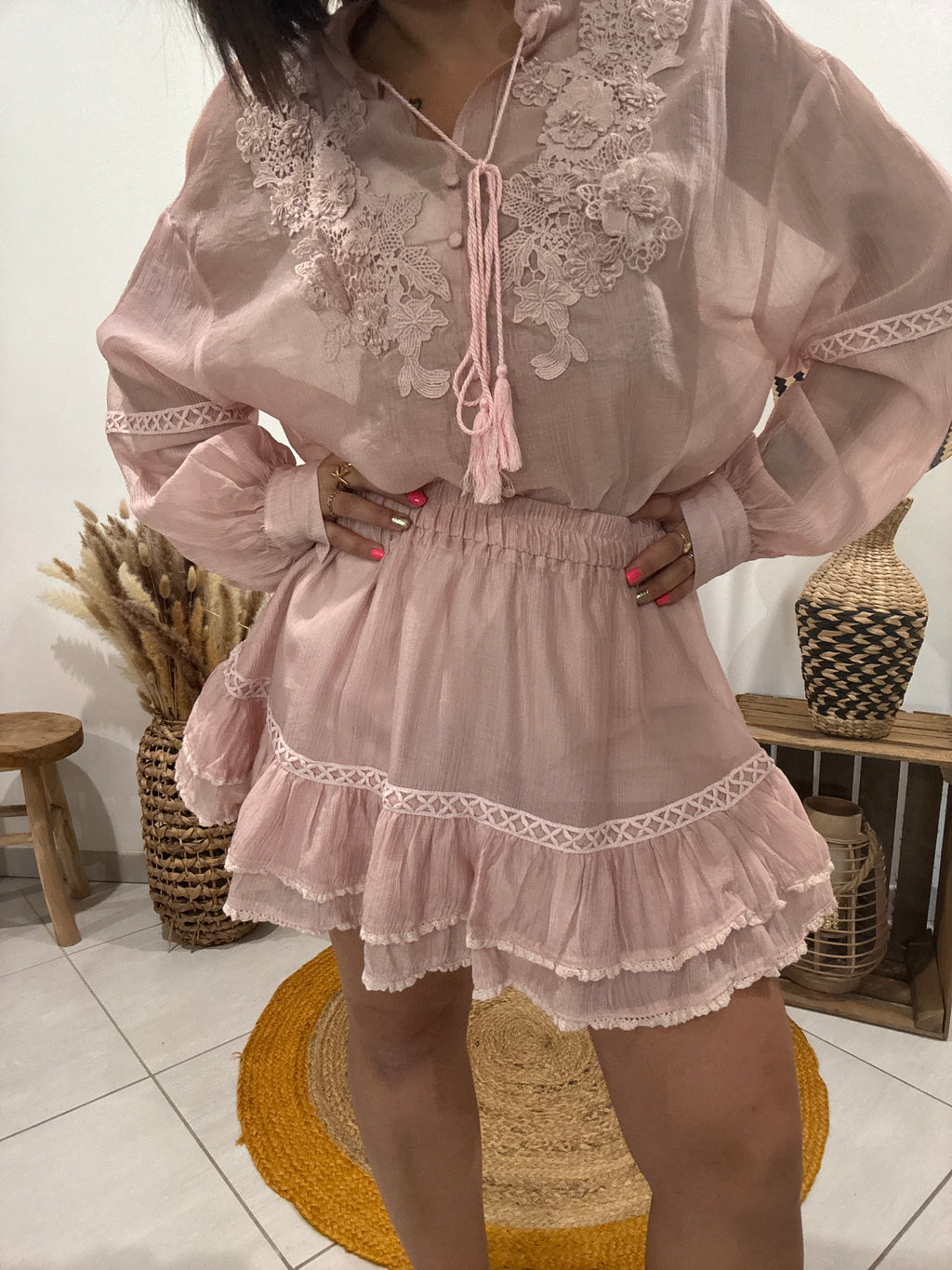 Ensemble broderie bohème rose