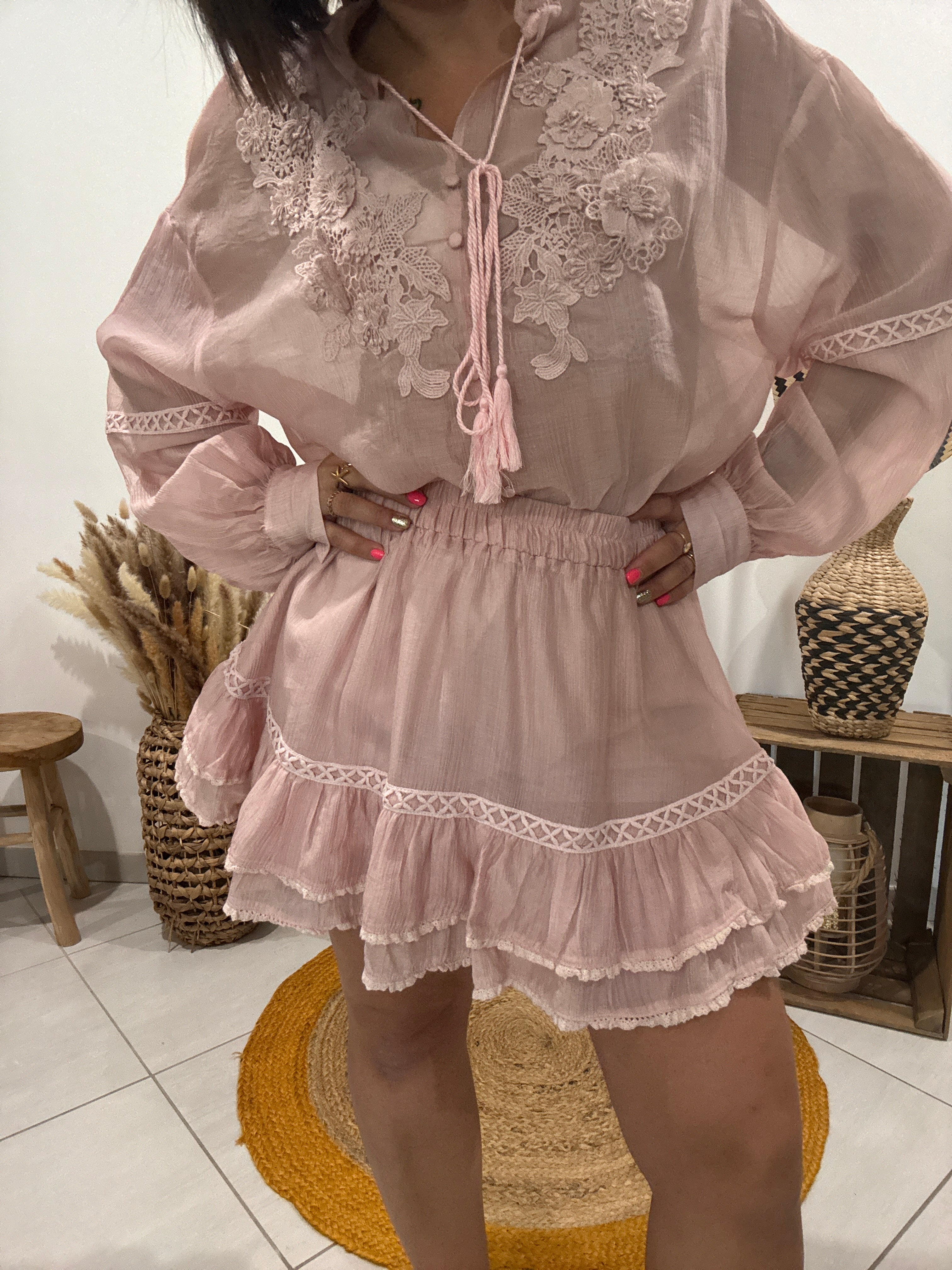 Ensemble broderie bohème rose
