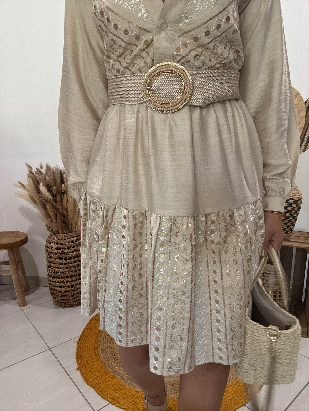 Ceinture élastique à grande boucle avec perles beige