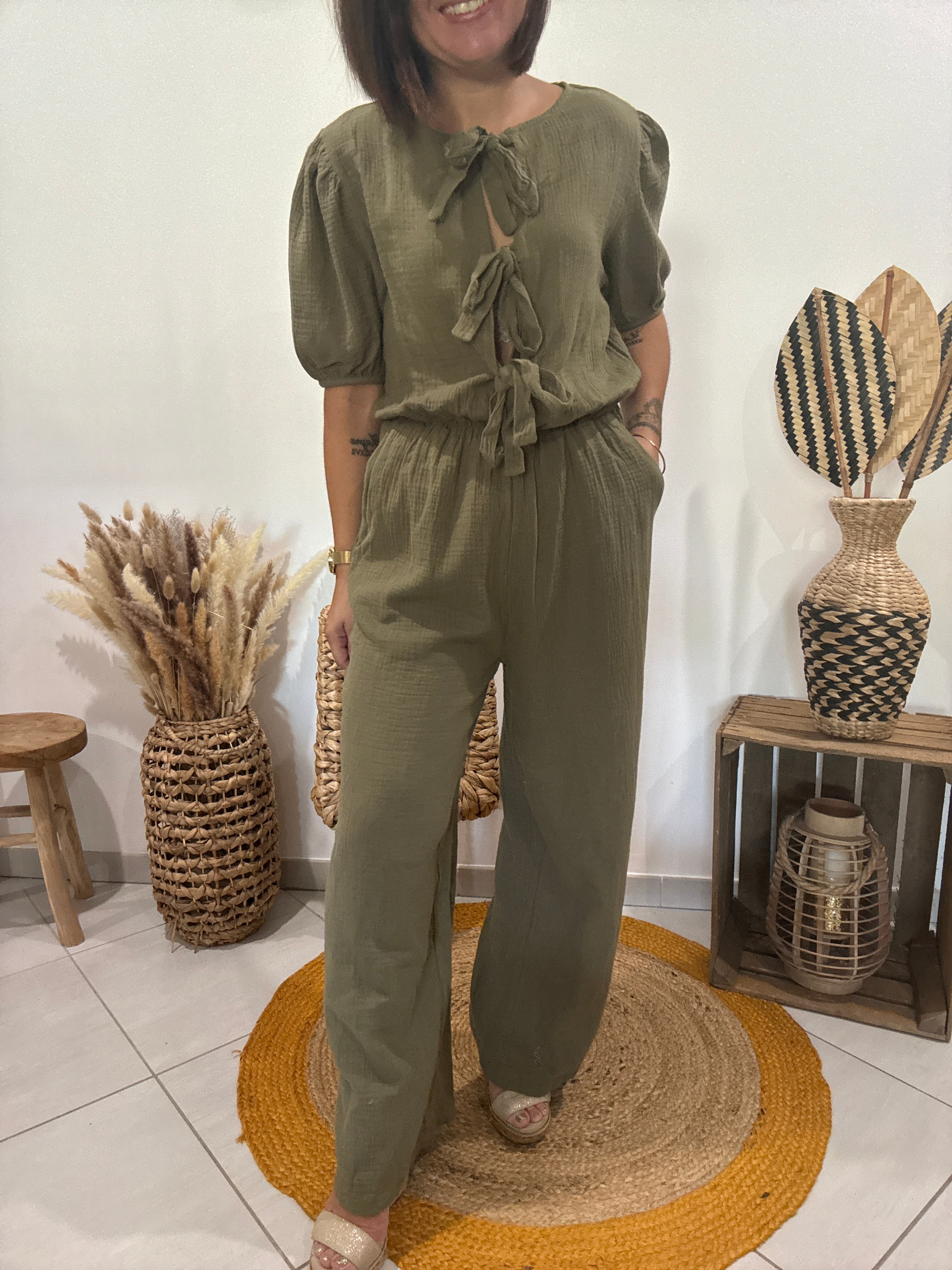 Combipantalon en gaz de coton kaki