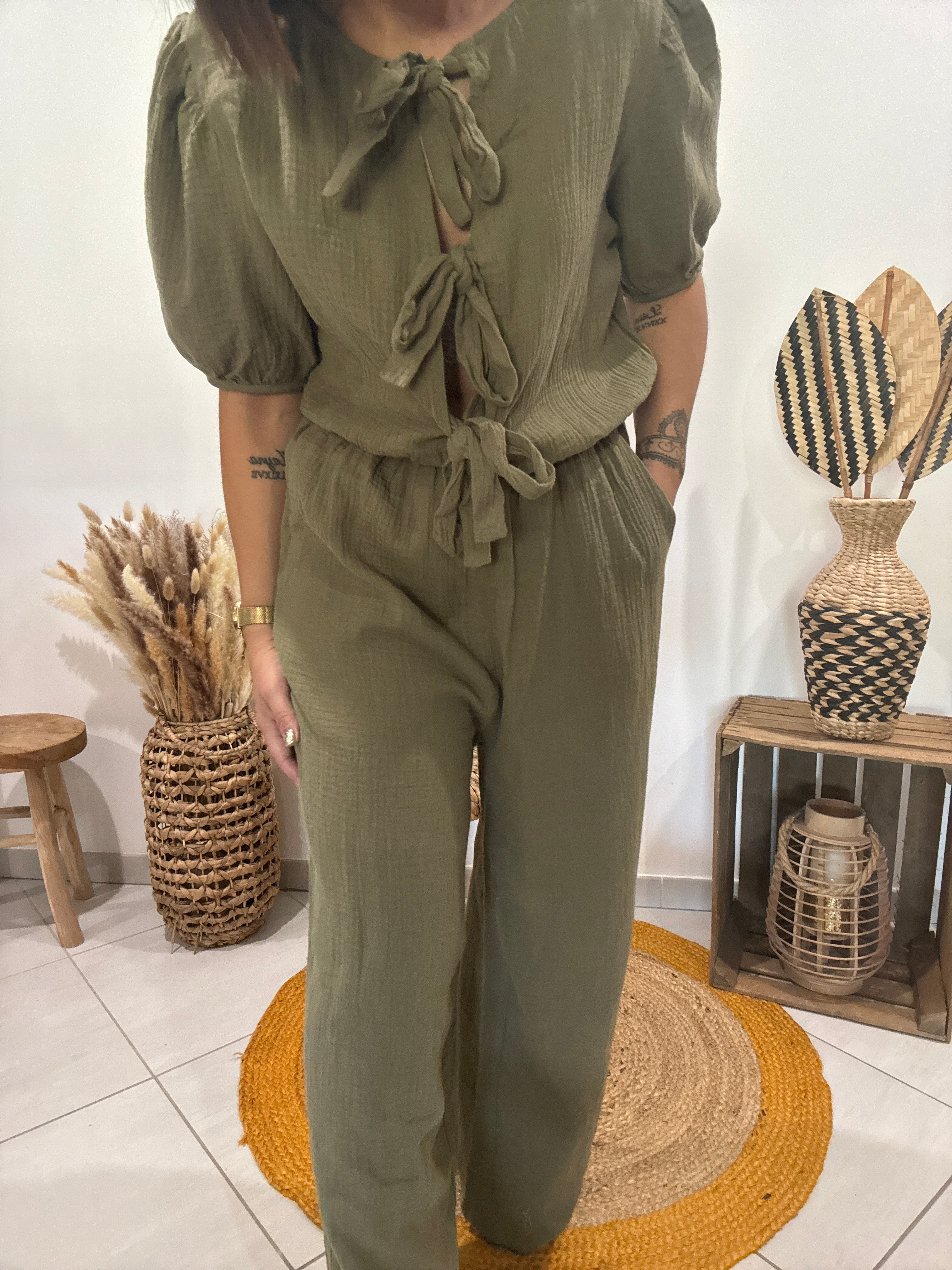 Combipantalon en gaz de coton kaki
