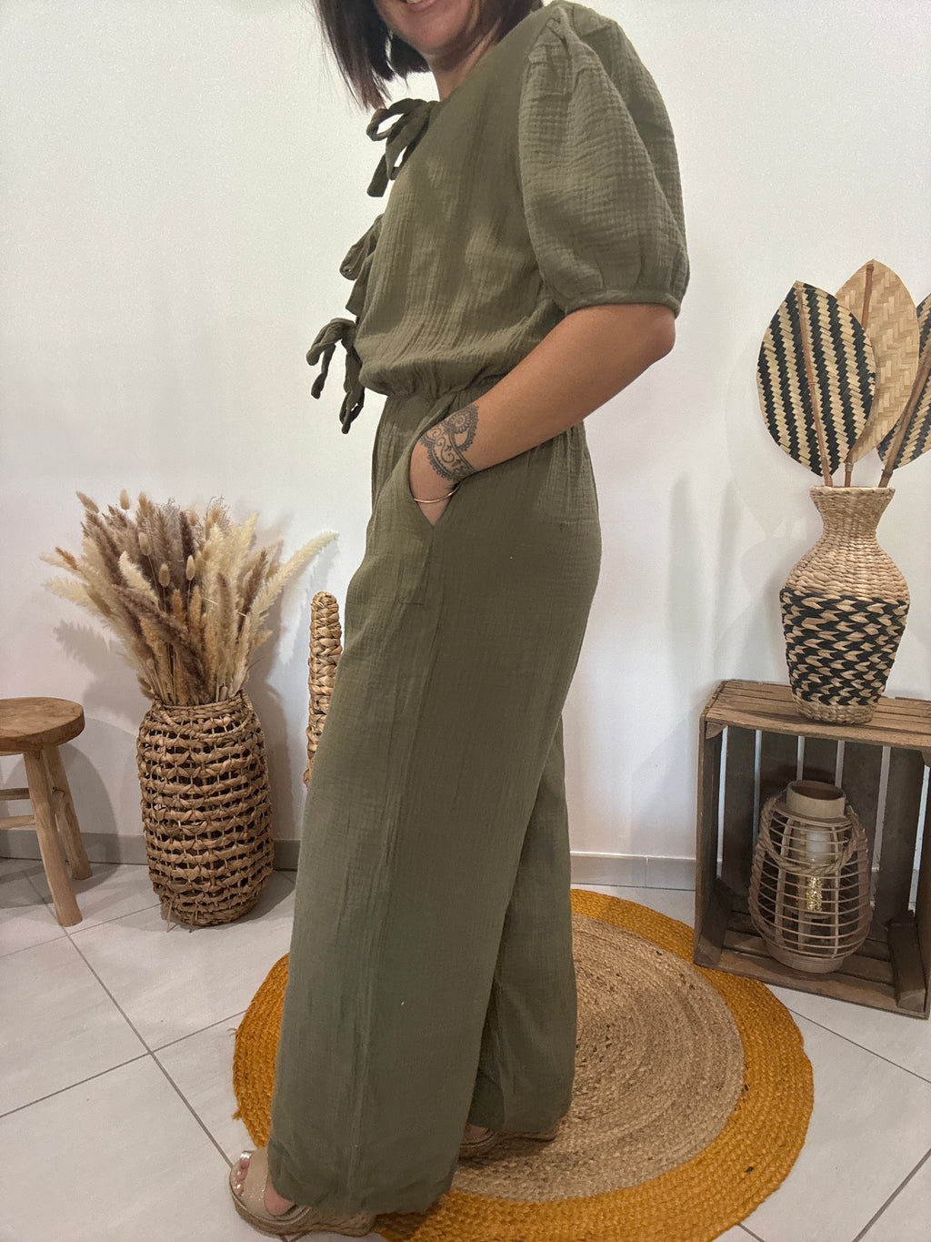Combipantalon en gaz de coton kaki