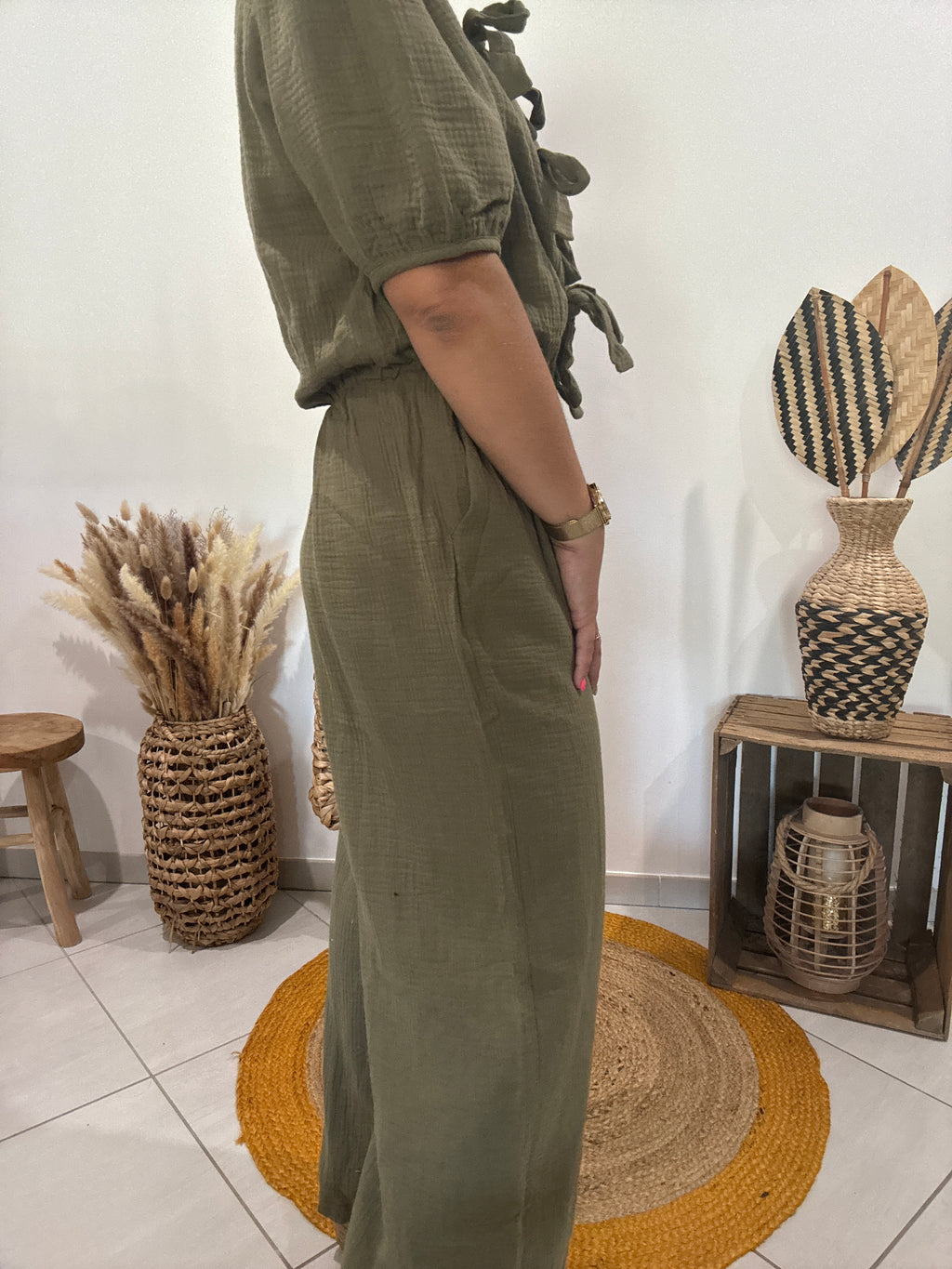 Combipantalon en gaz de coton kaki