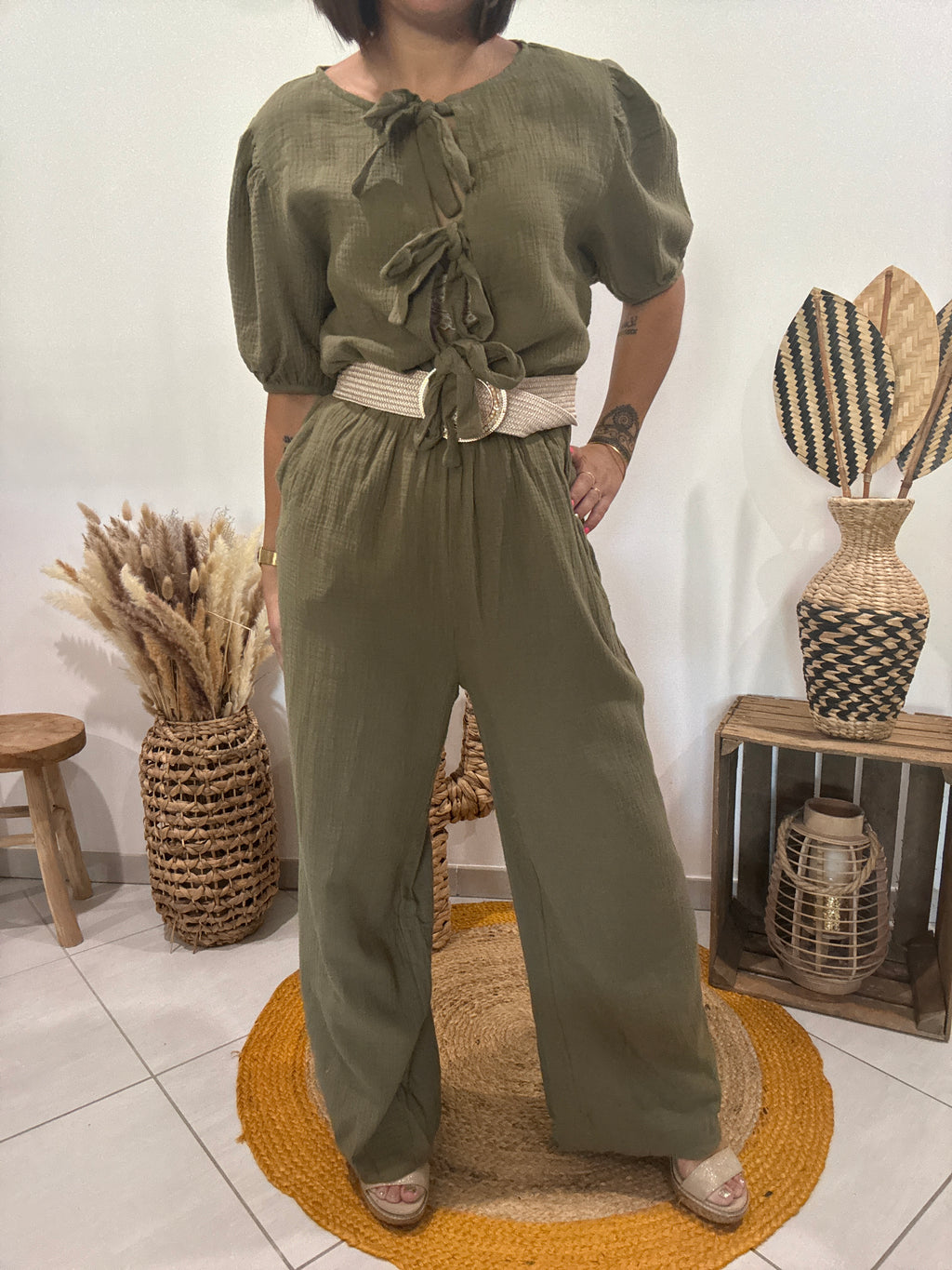 Combipantalon en gaz de coton kaki