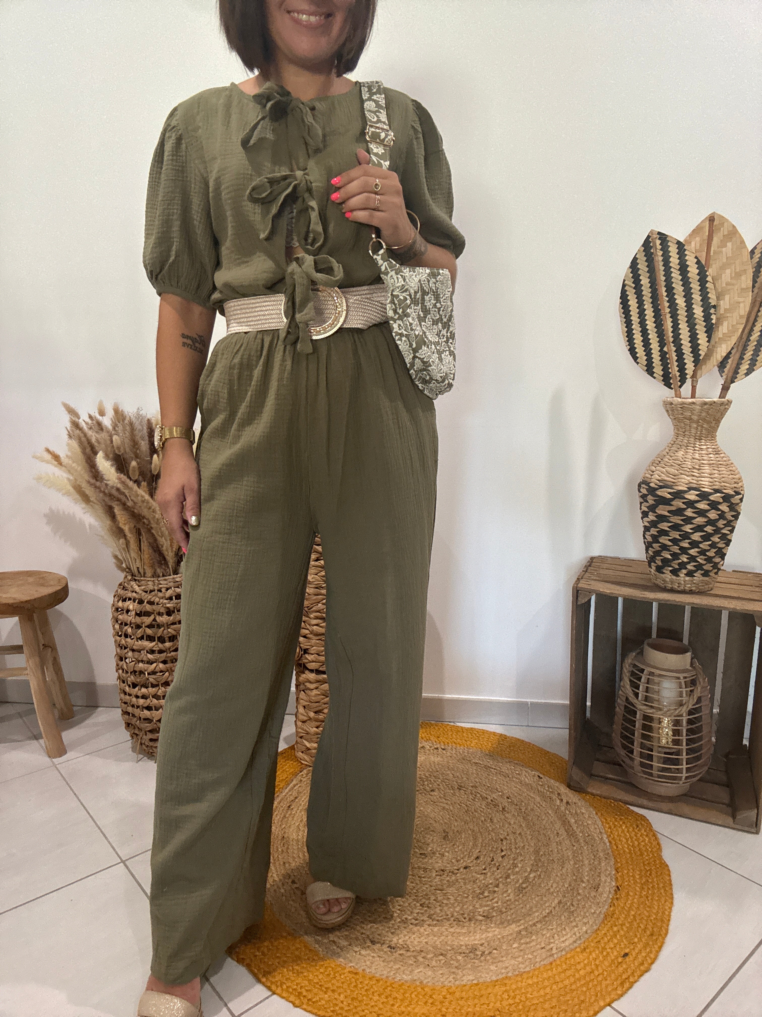 Combipantalon en gaz de coton kaki