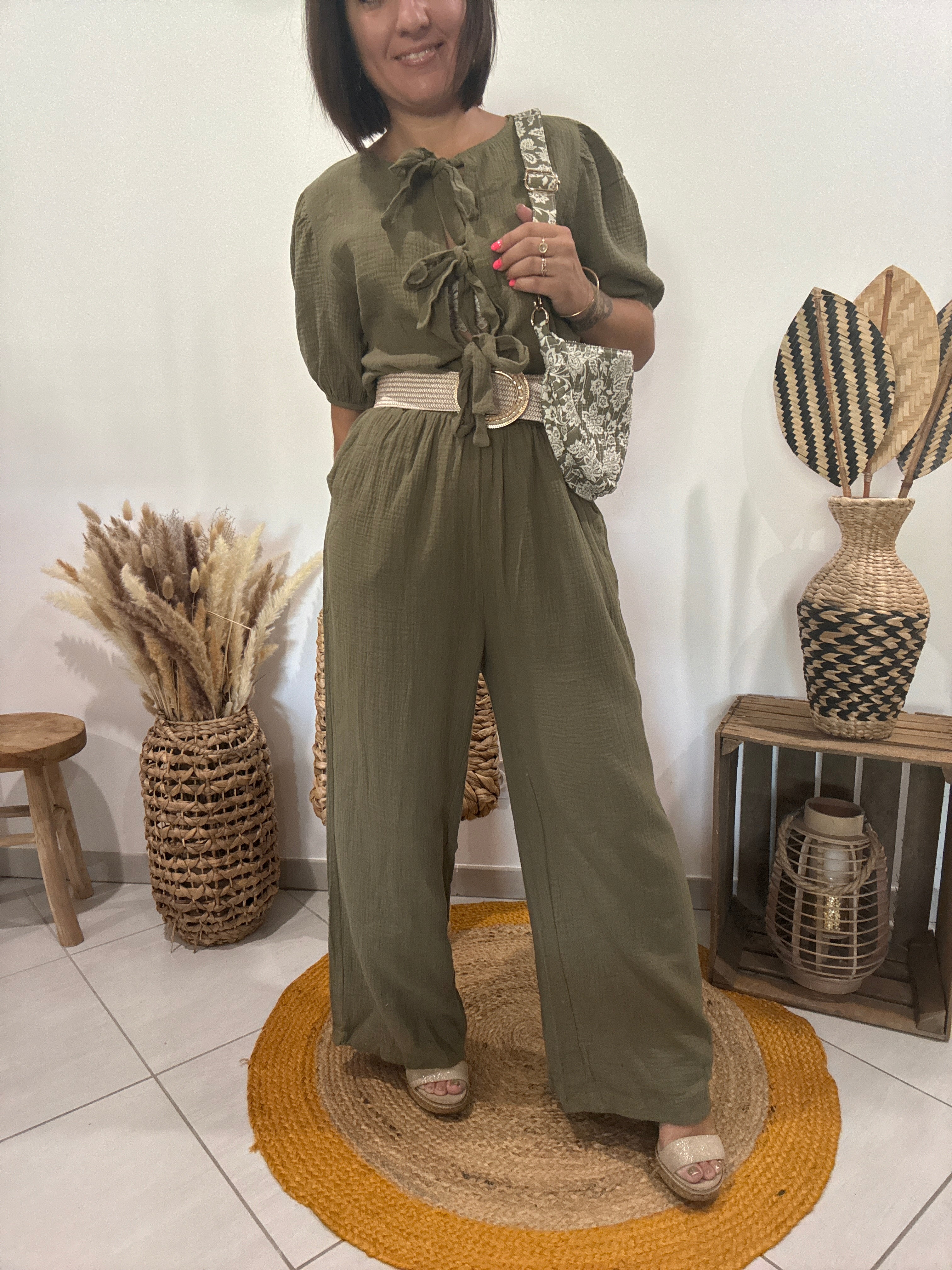 Combipantalon en gaz de coton kaki