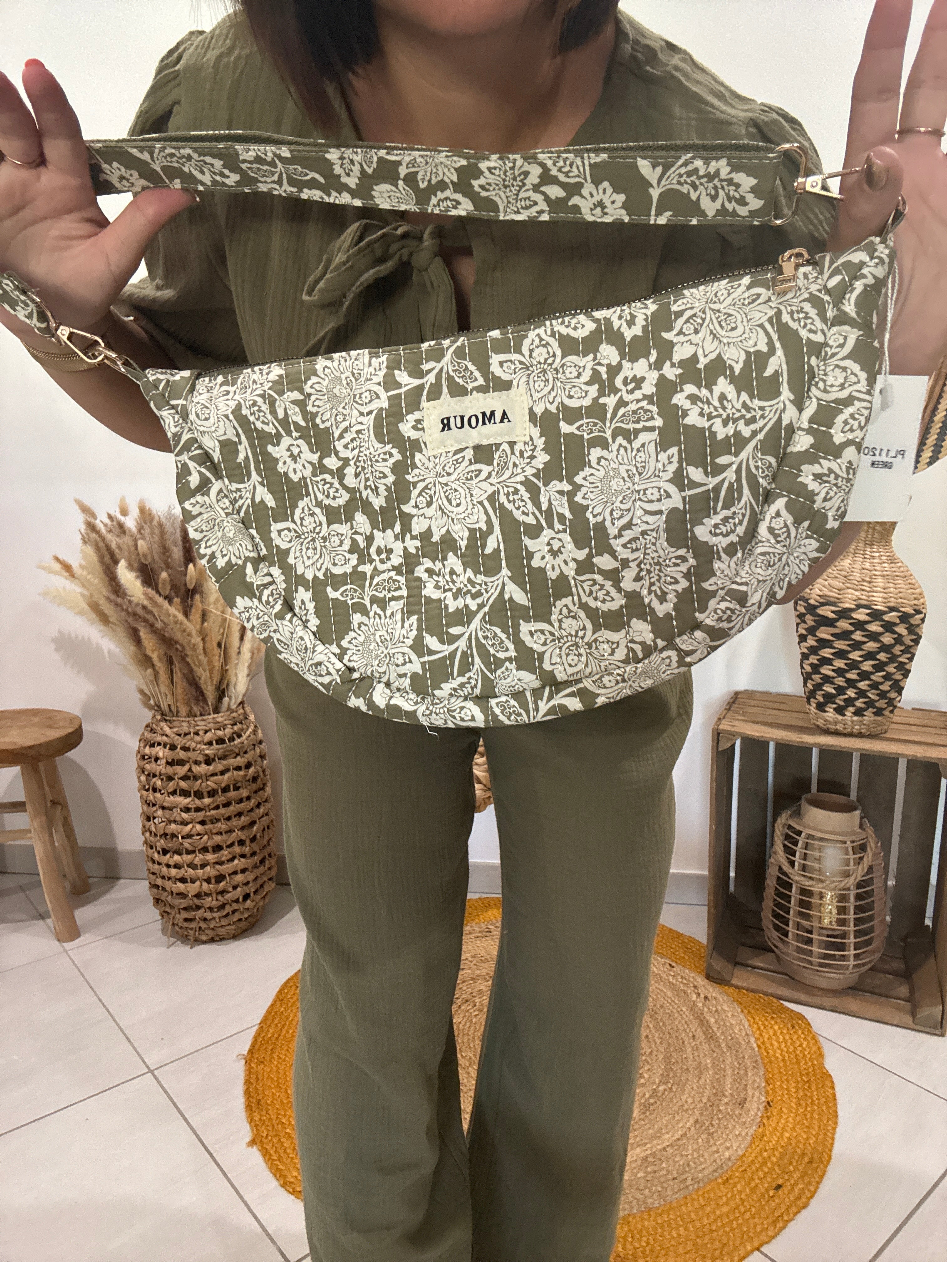 Sacoche coton matelassé imprimé kaki