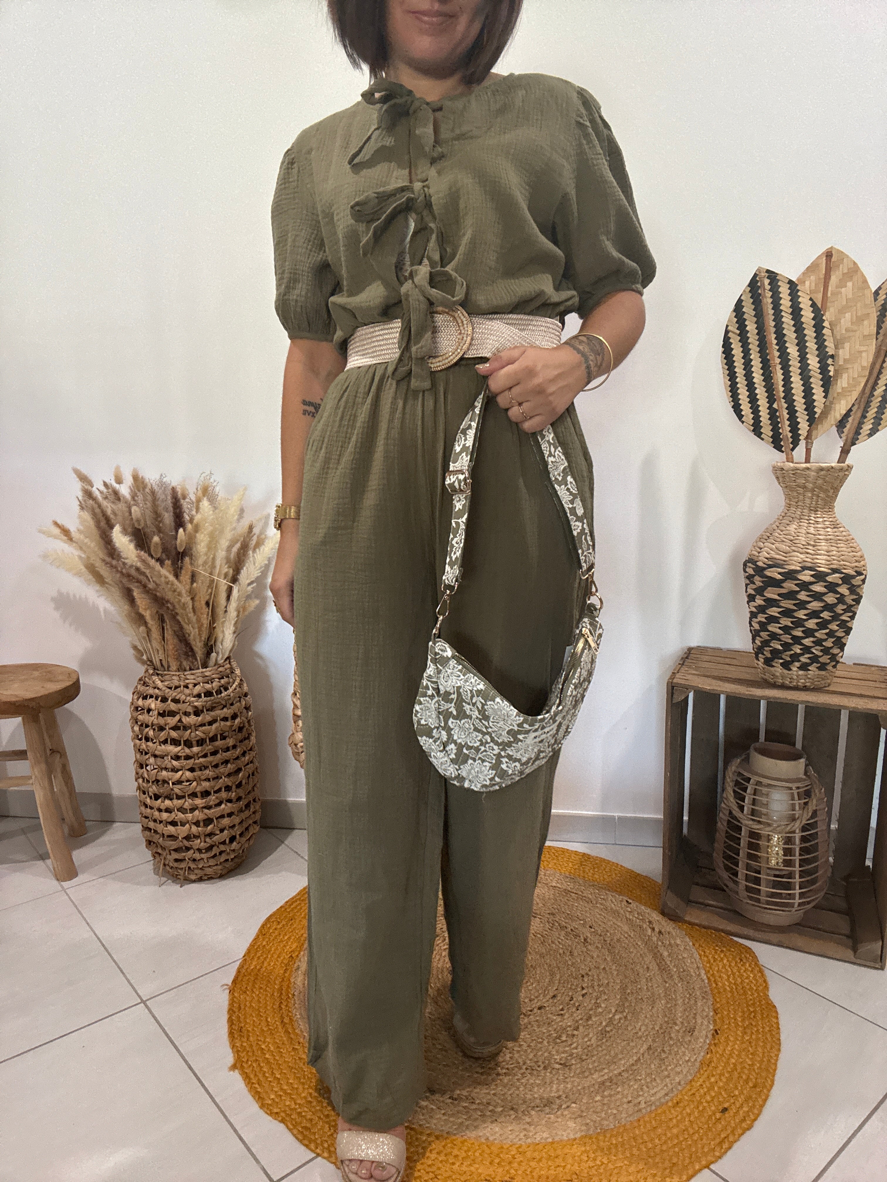 Combipantalon en gaz de coton kaki