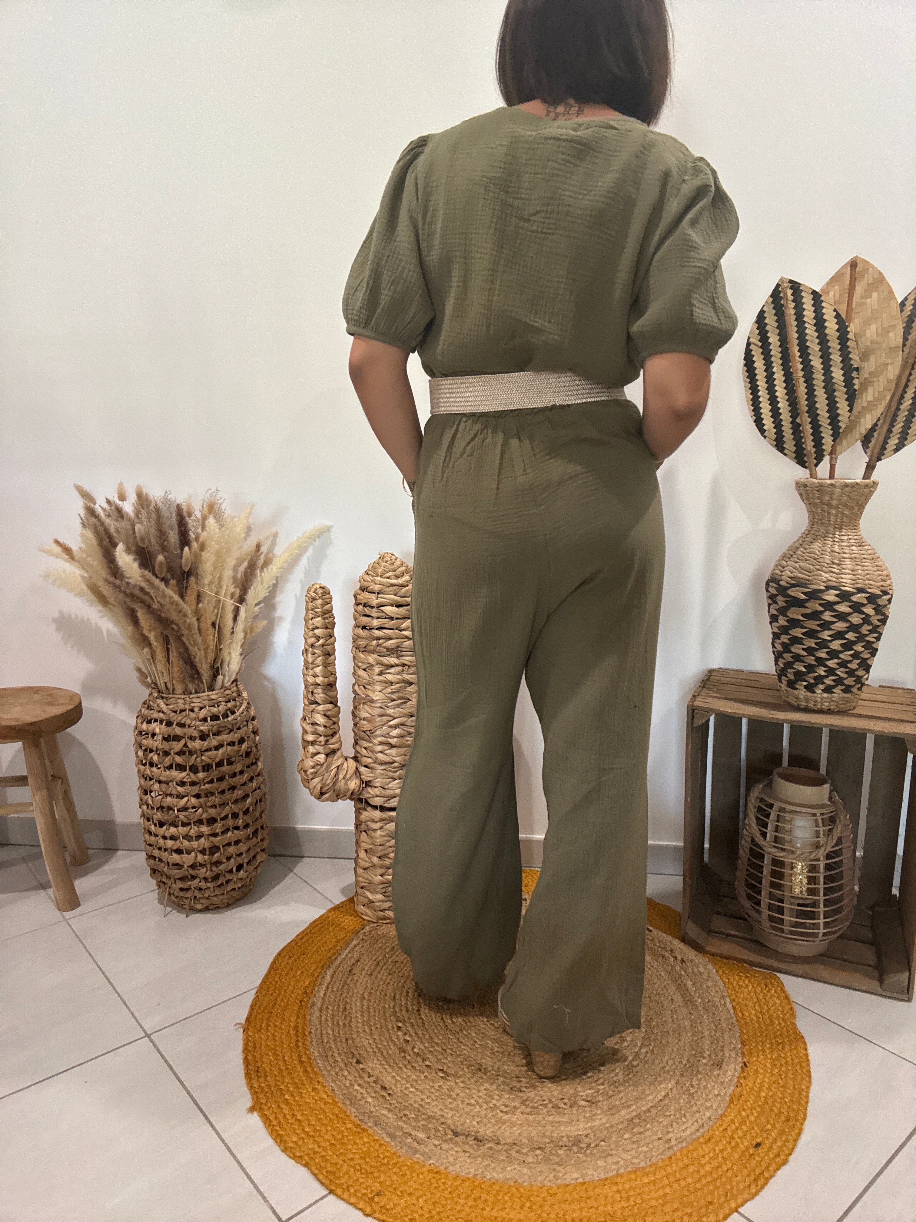 Combipantalon en gaz de coton kaki