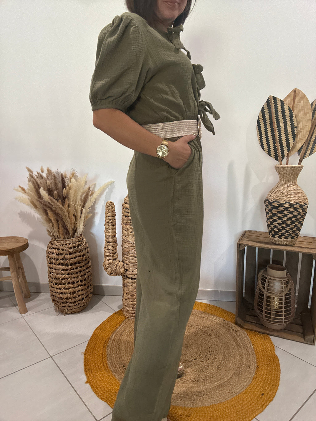 Combipantalon en gaz de coton kaki