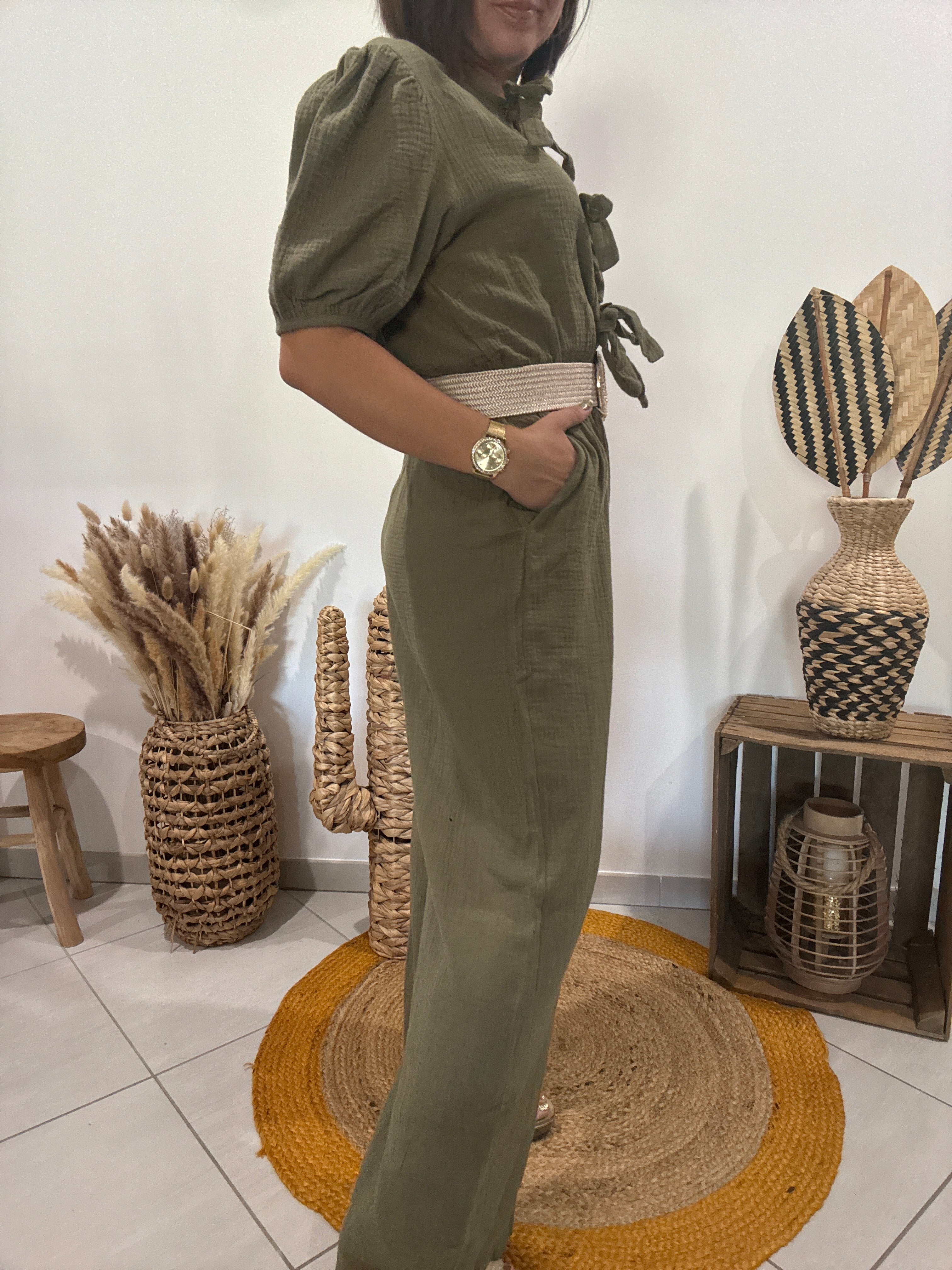 Combipantalon en gaz de coton kaki