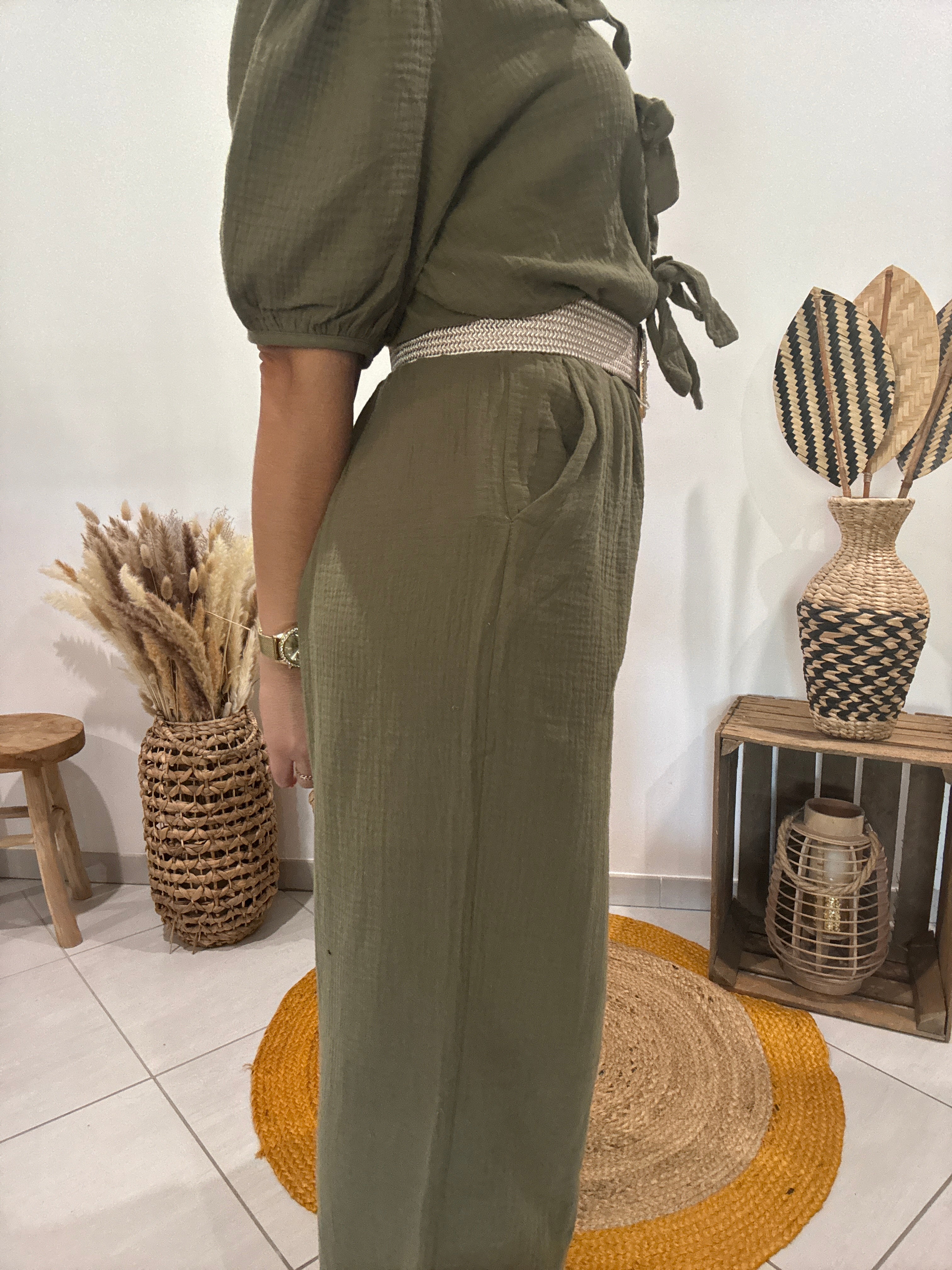 Combipantalon en gaz de coton kaki