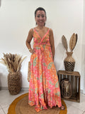Robe longue en soie corail, rose, vert - TU ♻️