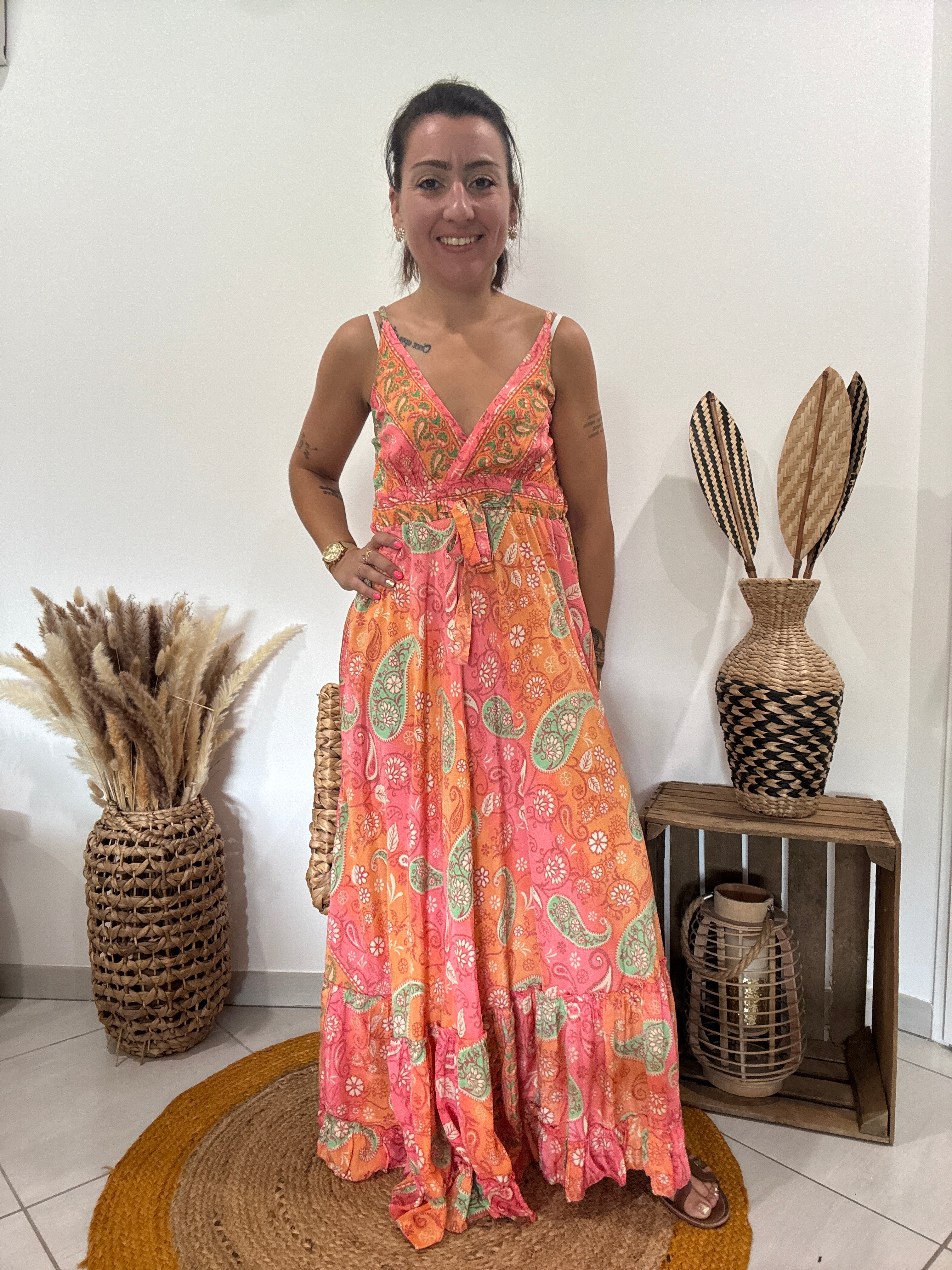 Robe longue en soie corail, rose, vert - TU ♻️