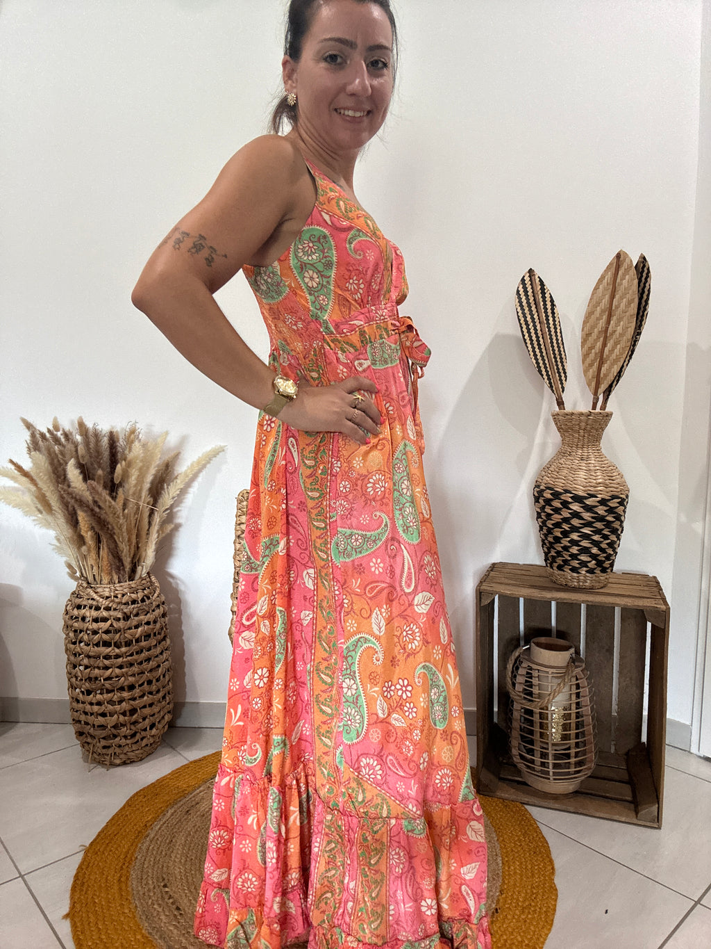 Robe longue en soie corail, rose, vert - TU ♻️