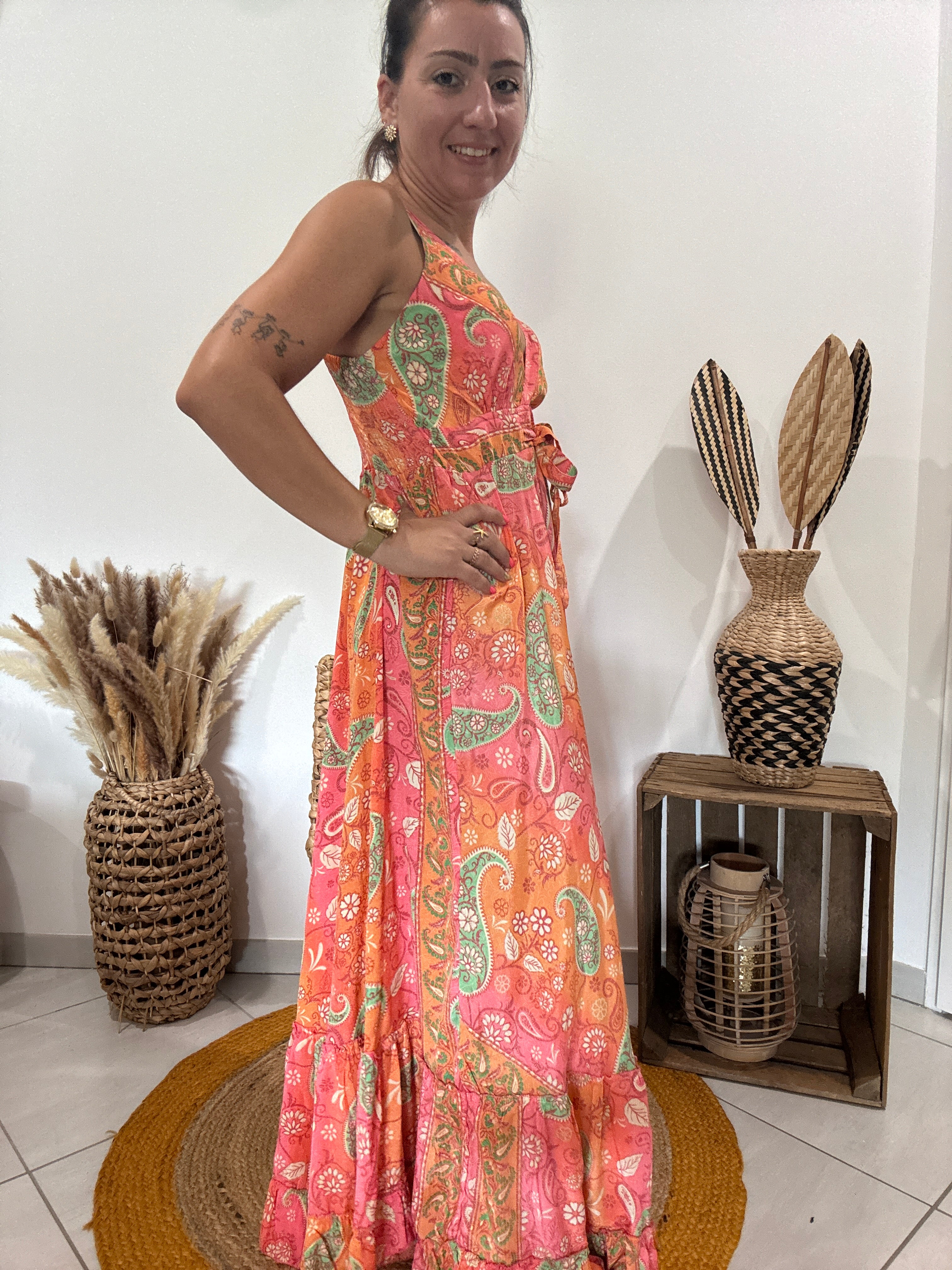 Robe longue en soie corail, rose, vert - TU ♻️