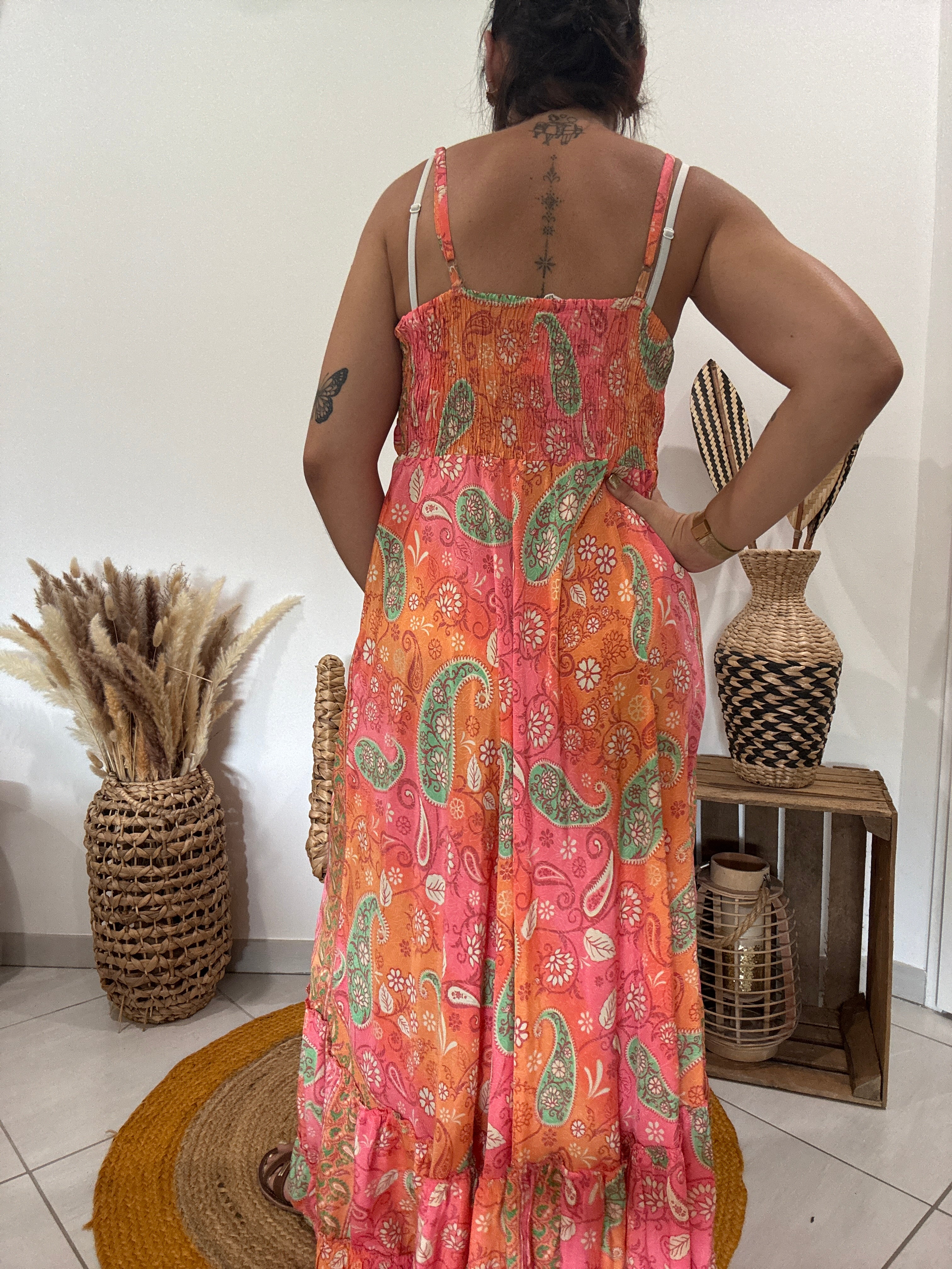 Robe longue en soie corail, rose, vert - TU ♻️
