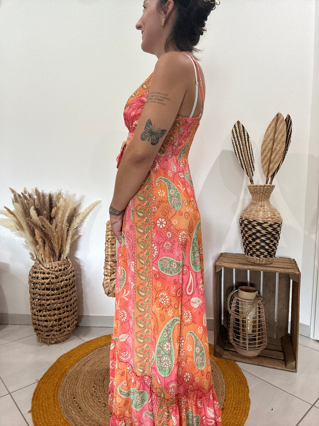 Robe longue en soie corail, rose, vert - TU ♻️