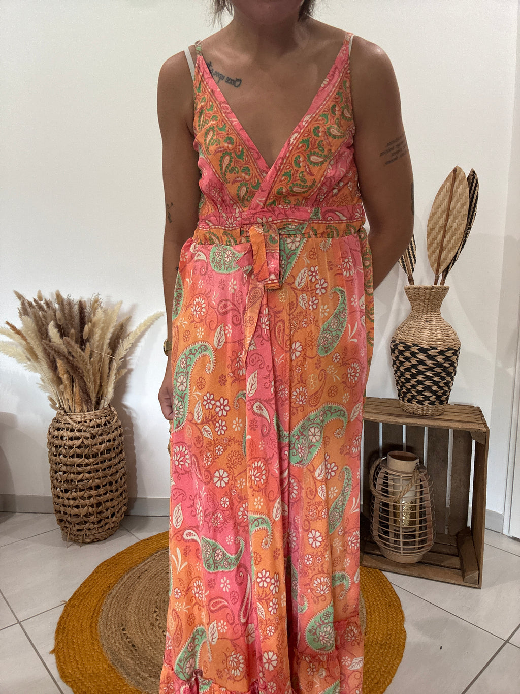 Robe longue en soie corail, rose, vert - TU ♻️