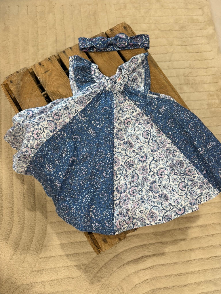 Robe fleurie évasée+ bandeau bleu/blanc Du Pareil eu Même 9 mois ♻️