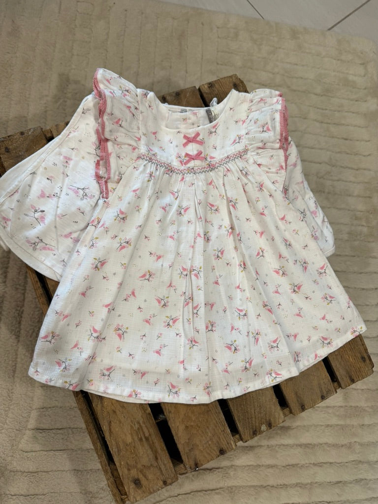 Robe + gilet "oiseau" blanc/rose Orchestra 9 mois ♻️