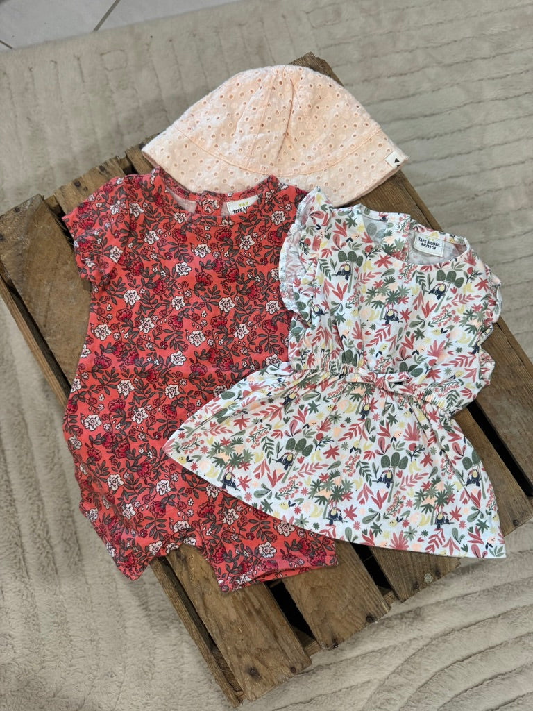 Lot robe+combishort+chapeau blanc/orangé Tape à l'Oeil 3 mois ♻️
