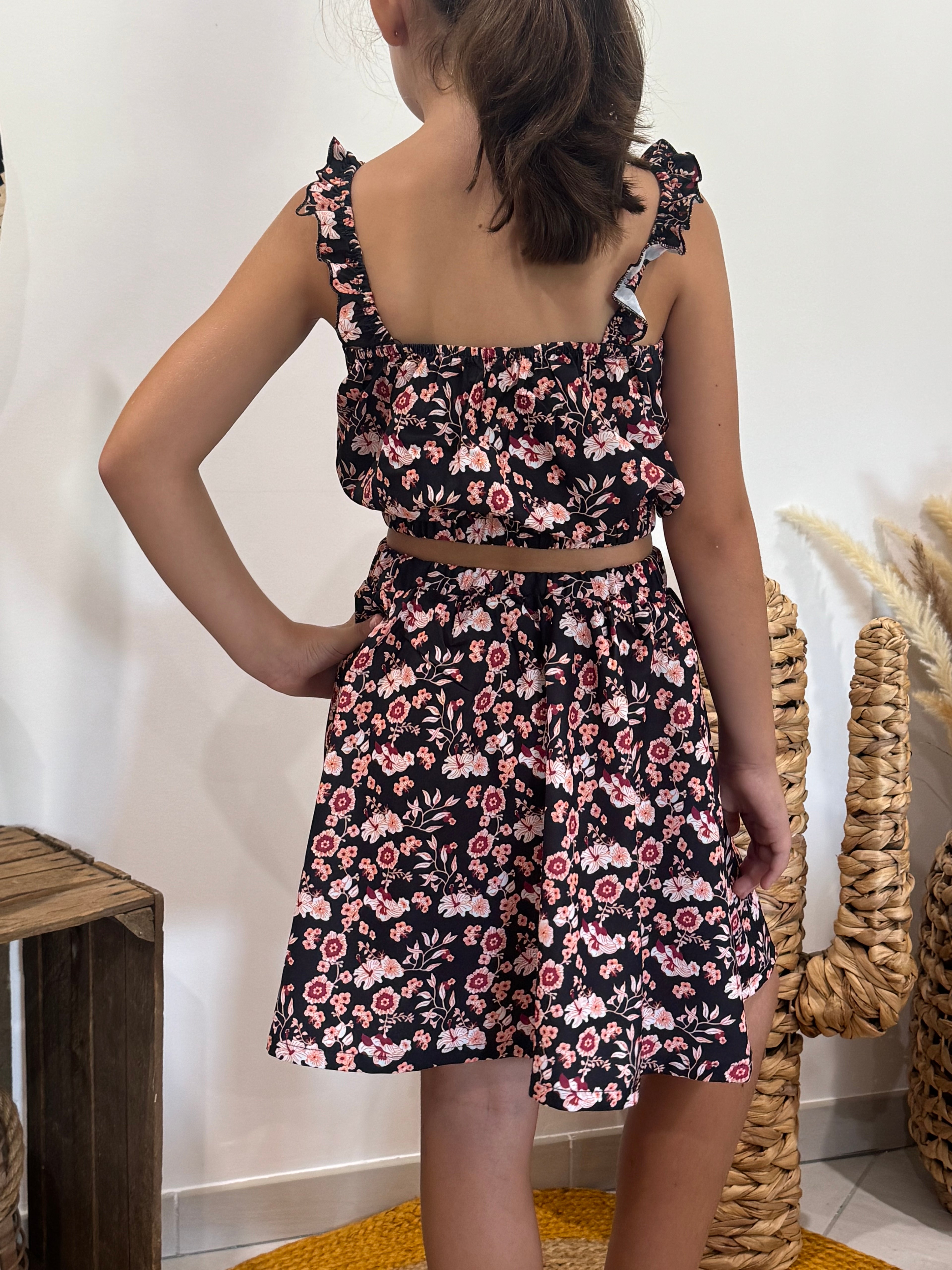 Ensemble top + jupe imprimé fleurs bohémiennes noir