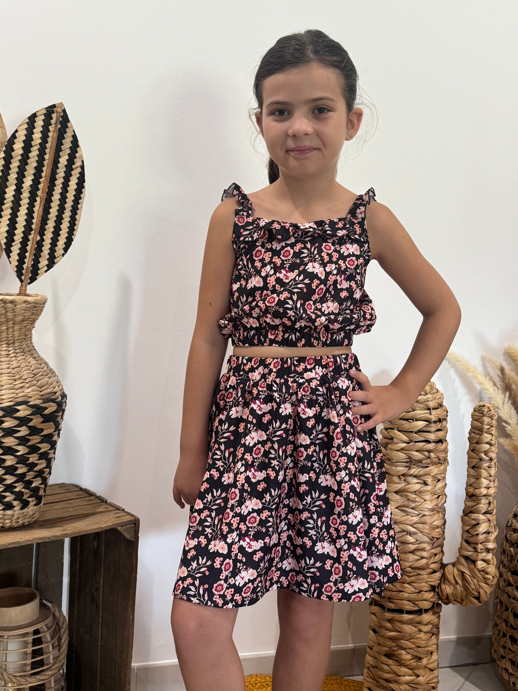 Ensemble top + jupe imprimé fleurs bohémiennes noir