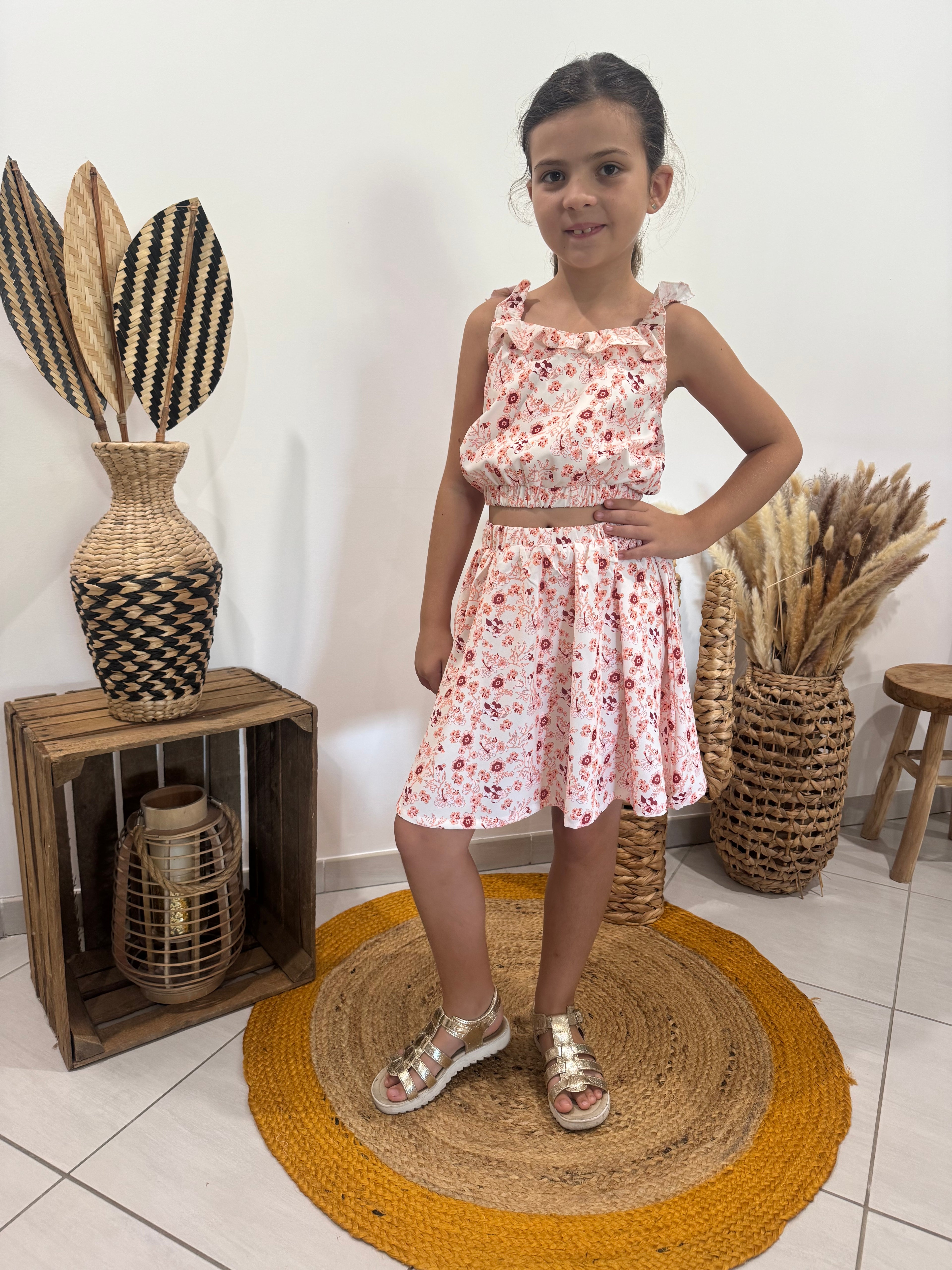 Ensemble top + jupe imprimé fleurs bohémiennes crème