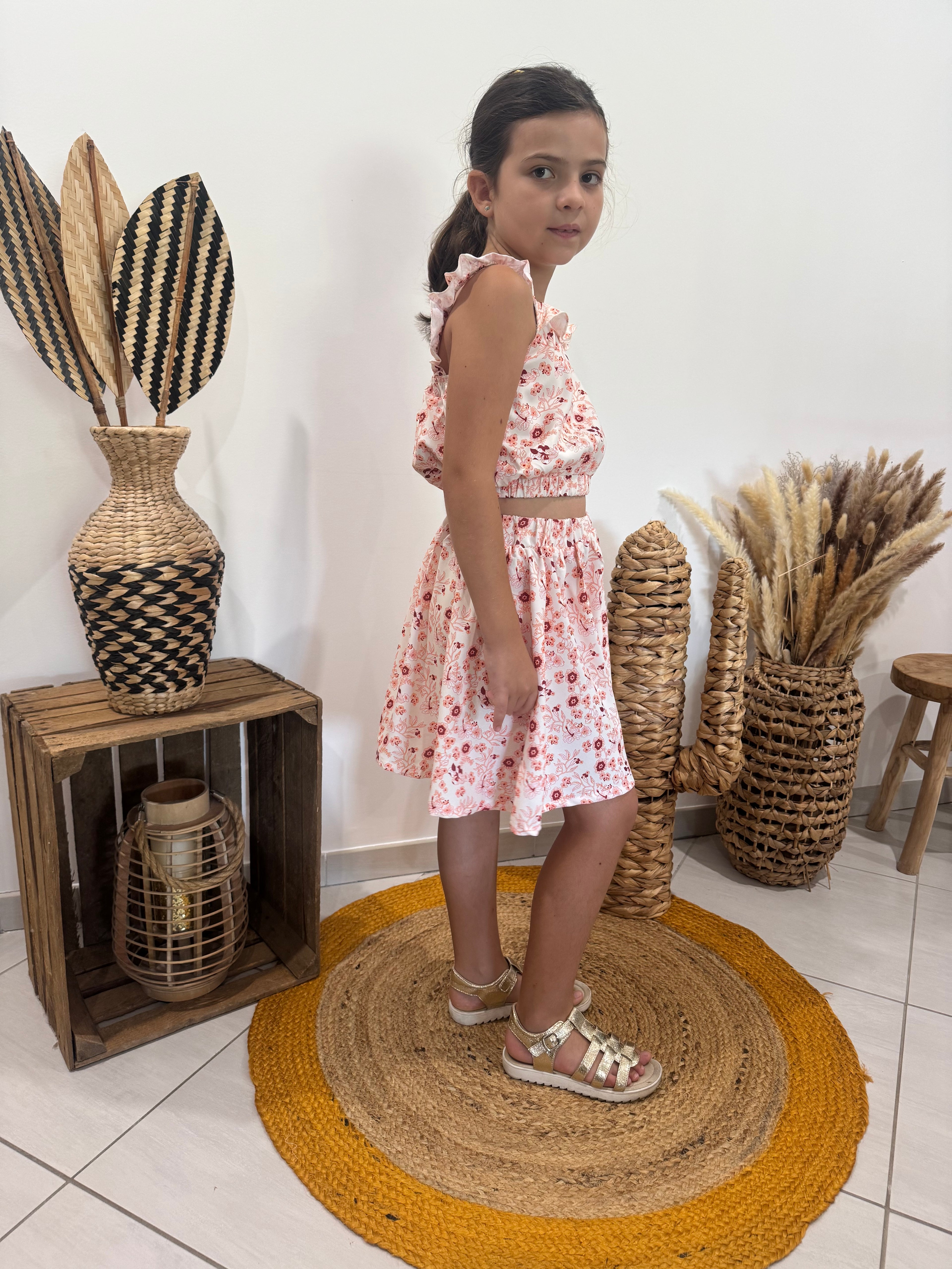Ensemble top + jupe imprimé fleurs bohémiennes crème