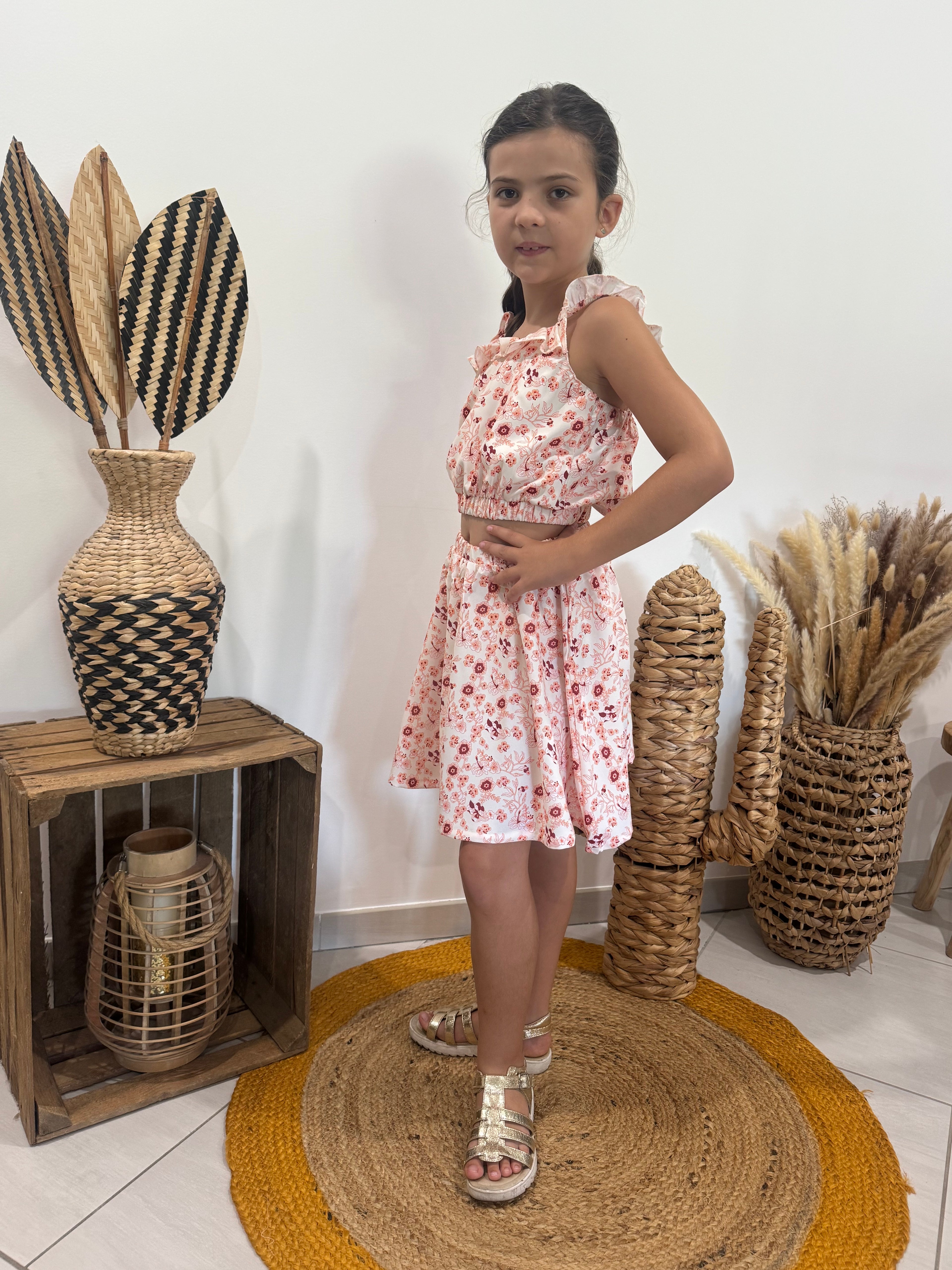 Ensemble top + jupe imprimé fleurs bohémiennes crème