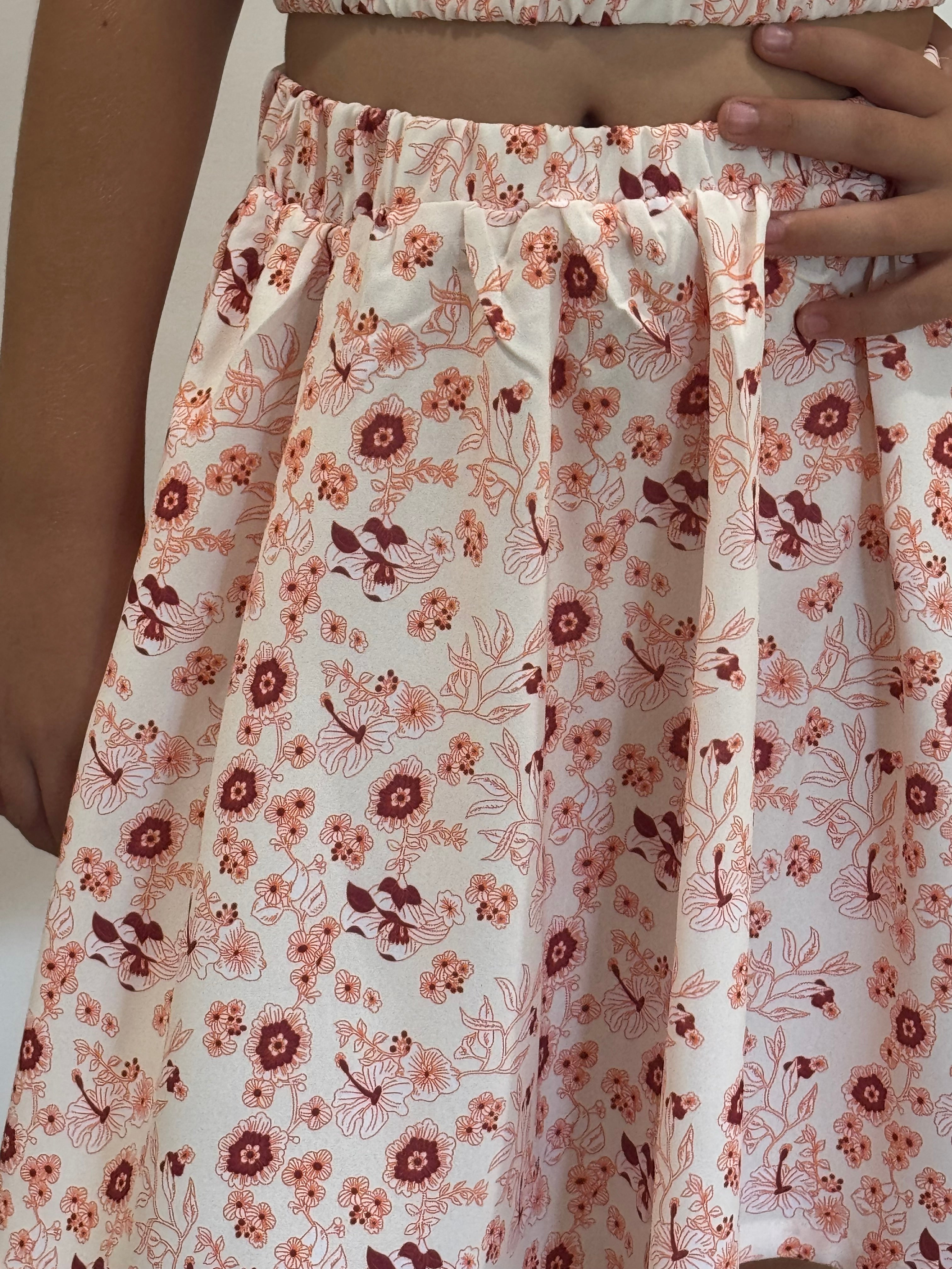 Ensemble top + jupe imprimé fleurs bohémiennes crème