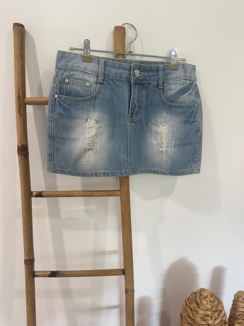 Jupe droite effet blanchi et usé en jeans clair - S ♻️